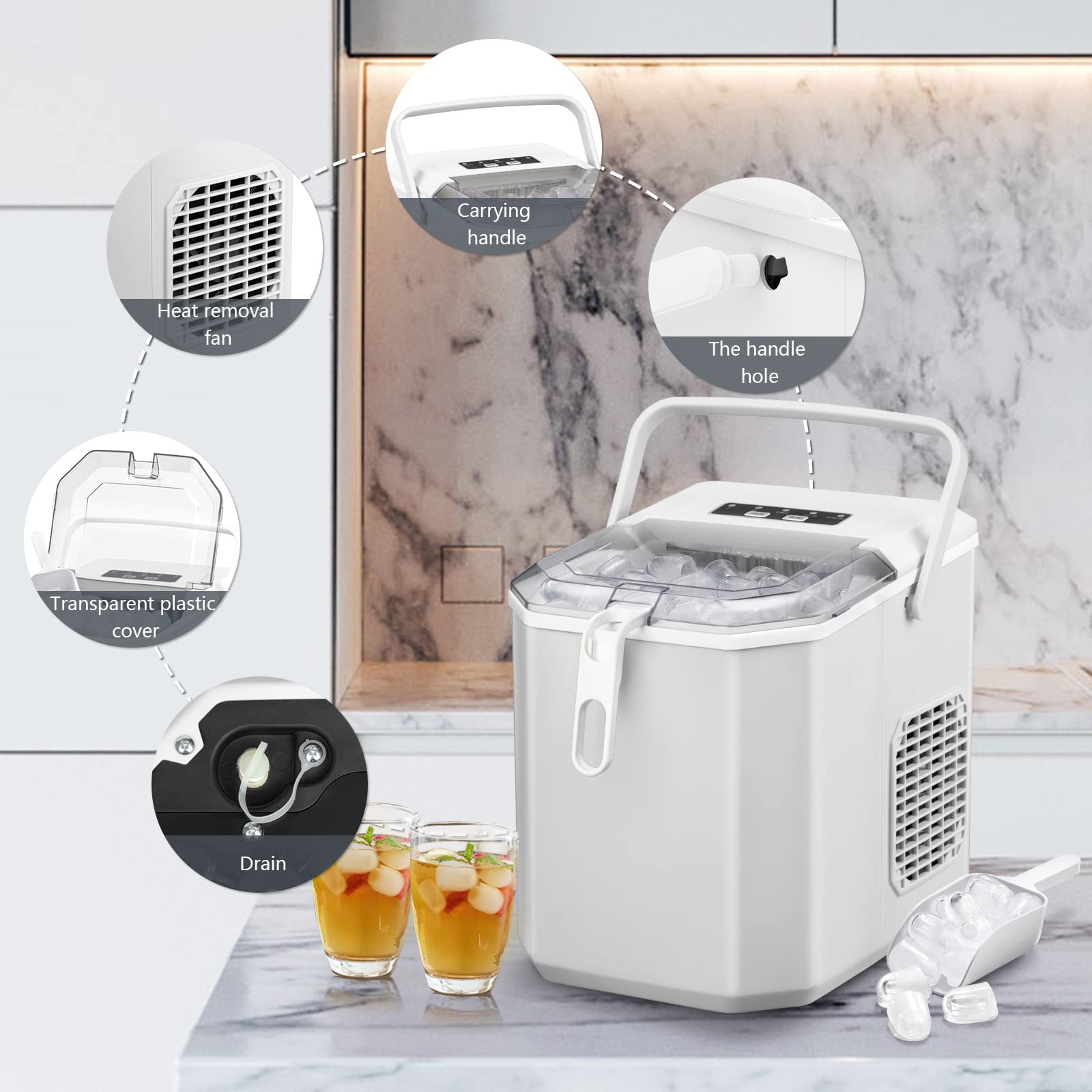 Antarctic Star Countertop Ice Maker, S/L Bullet Ice, 28lbs/Day, 9 Ice Cubes In 6 Mins, Portable Ice Machine With Ice Scoop And Handle, Self-Cleaning, One-Click Operation, For Kitchen Office Home White on Fridge.com - View 6
