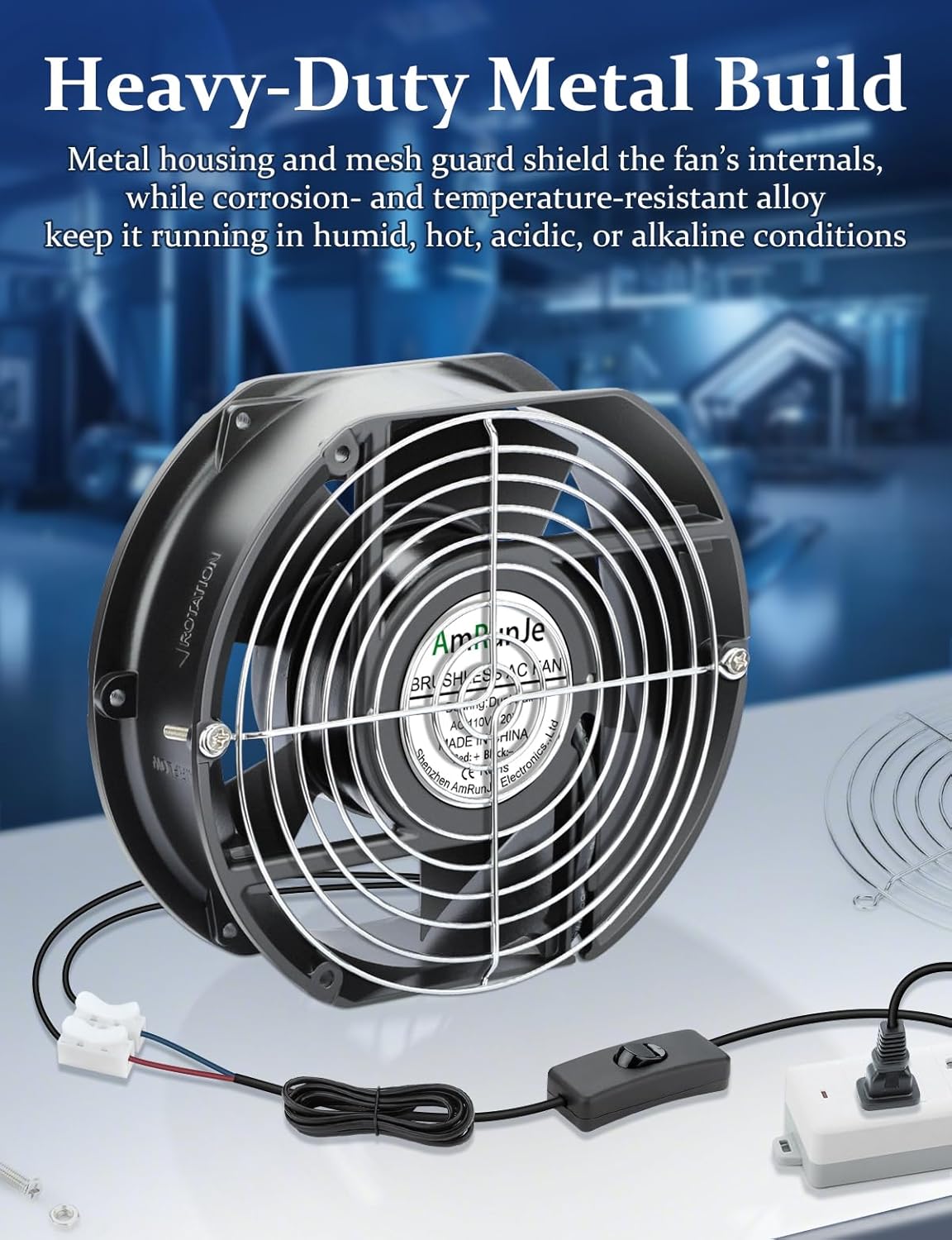 AC Axial Fan 110v 120v 172mm x 150mm x 51mm Powerful Airflow Dual Ball Bearing Fan with Switch Cooling for DIY Chicken Coop Greenhouse Server Room Garage Crawl space Exhaust