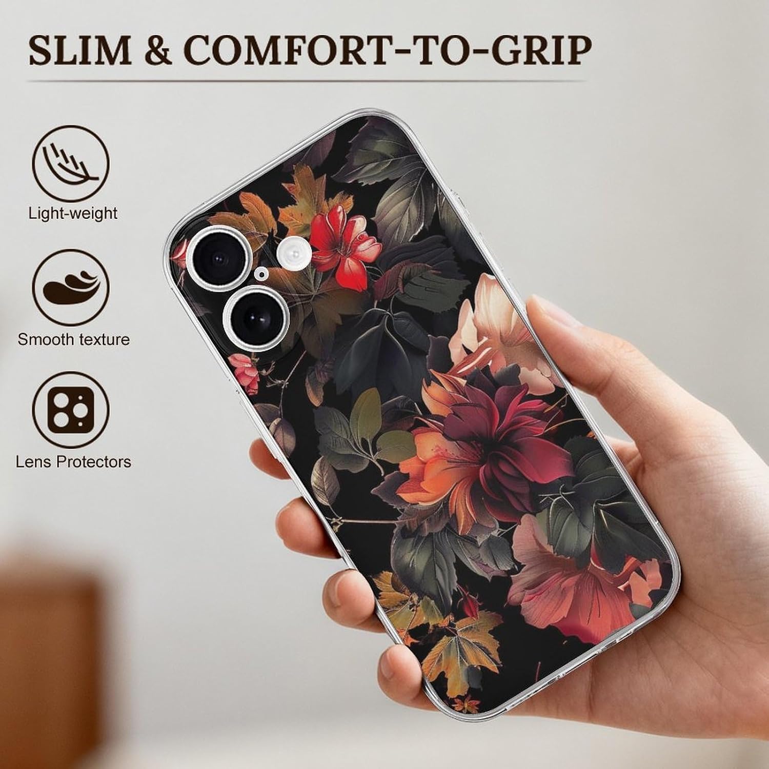 Clear Phone Case for iPhone 17 Case, Autumn Beautiful Floral Prints Shockproof TPU Cell Cover with Wireless Charging, Anti-Yellowing, Transparent image 3