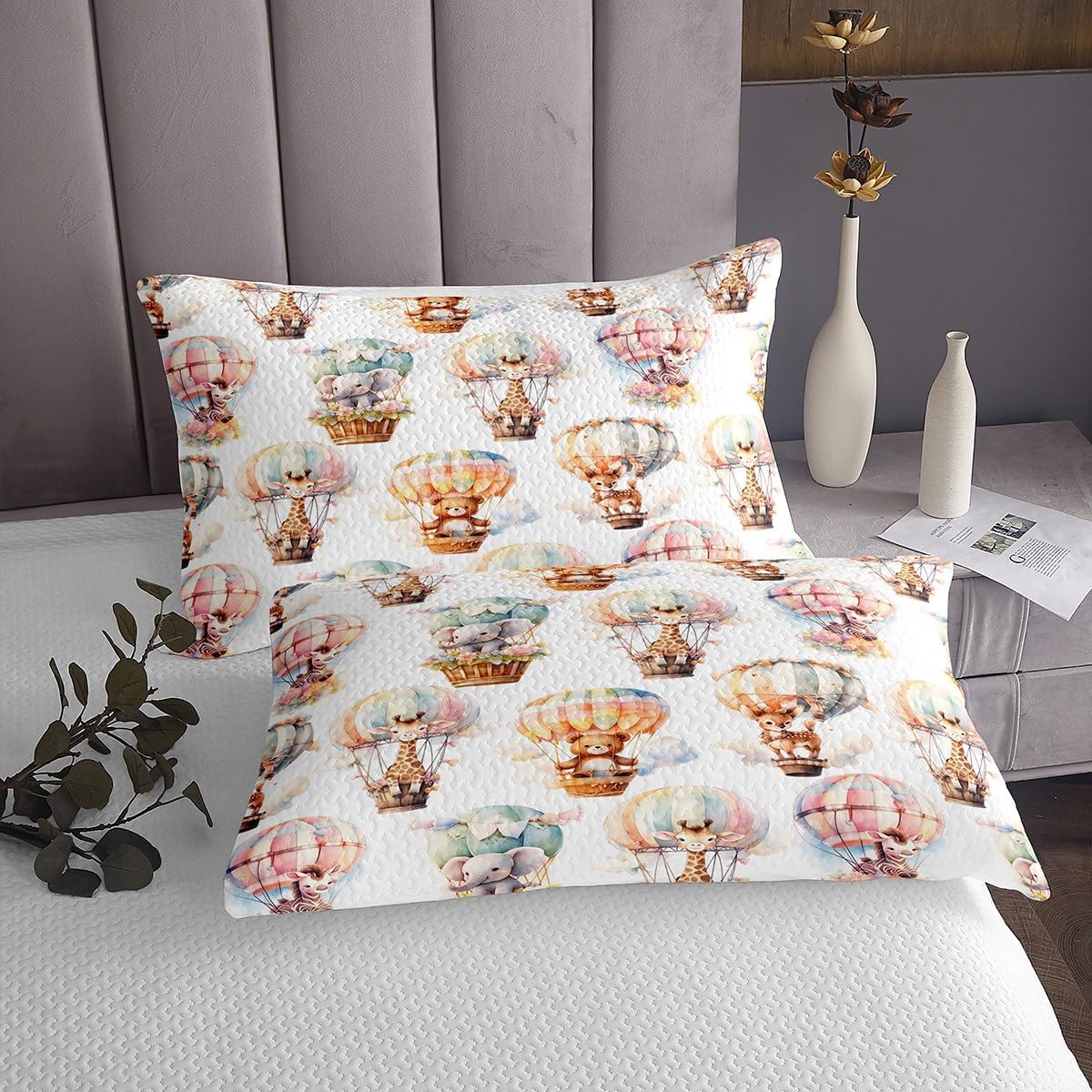 Cartoon Cute Animals Coverlet Set Chic Hot Air Balloon Quilted Coverlet Kawaii Elephant Giraffe Comforter Set Bedspreads Quilt Set for Children Kids Coverlet Set,Twin Size 2 Pcs