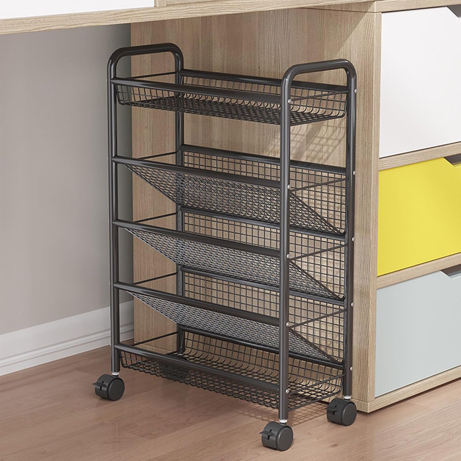 Rolling Book Cart,Mobile Bookshelf with Wheels, Compact Desk Storage Organizer Trolley, Metal Corner Display Shelf Magazine Rack for Home Office Classroom,White-6 Tier