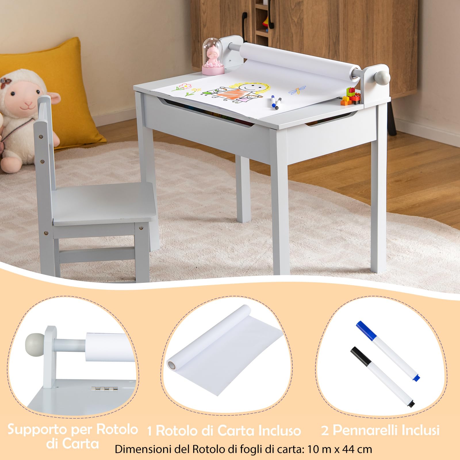 COSTWAY Set Tavolo e Sedia d’Arte per Bambini 3+ Anni, Scrivania in Legno di Pino da Disegno con Portarotolo, Piano Ribaltabile & Vano Portaoggetti, Rotolo di Carta (10m) e 2 Pennarelli (Grigio)