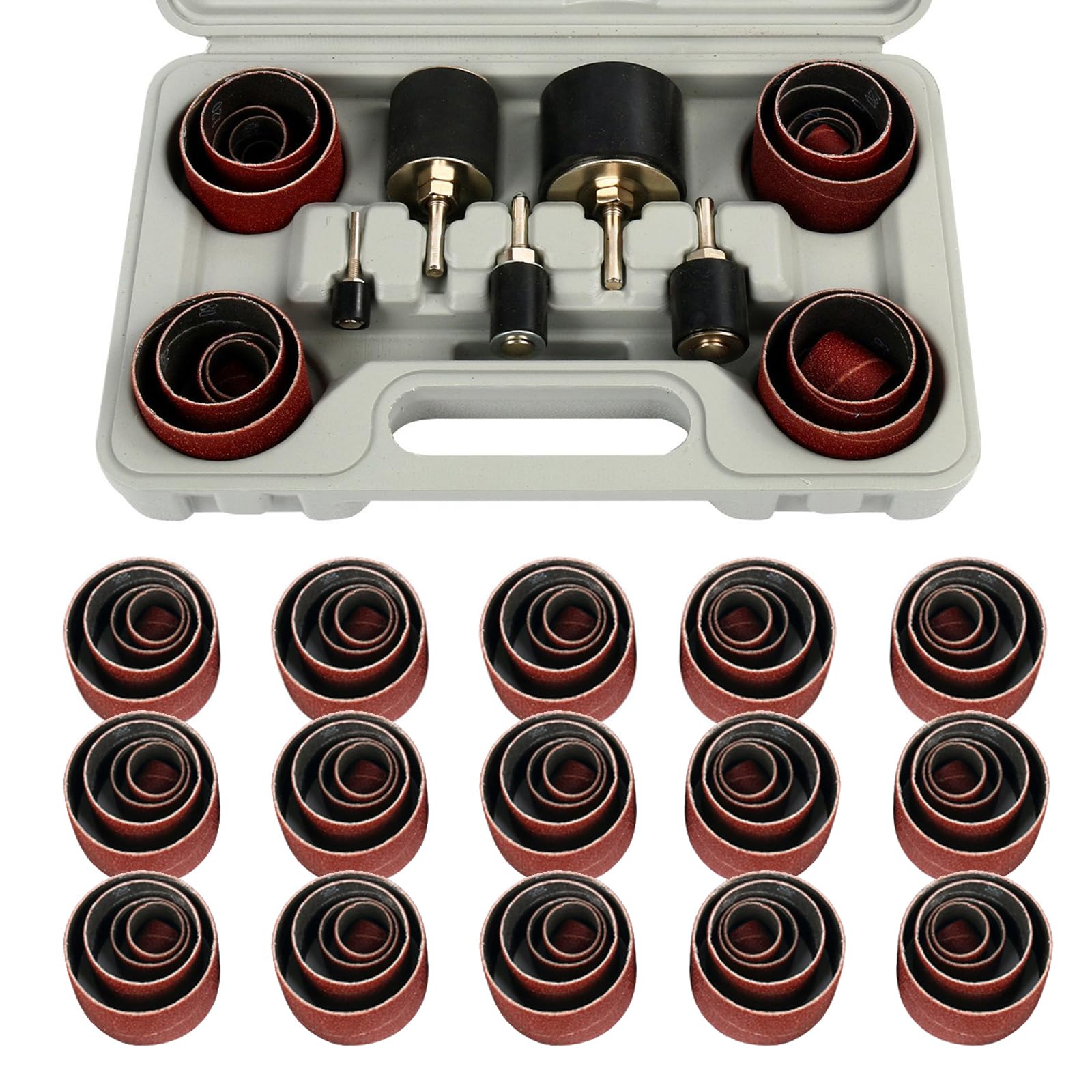 FreeTec Lot de 100 ponceuses à tambour, 60, 80, 120, 150, 240, grains, manchons de ponceuse avec tambours en caoutchouc, forets de ponçage pour presse à bois et perceuse électrique