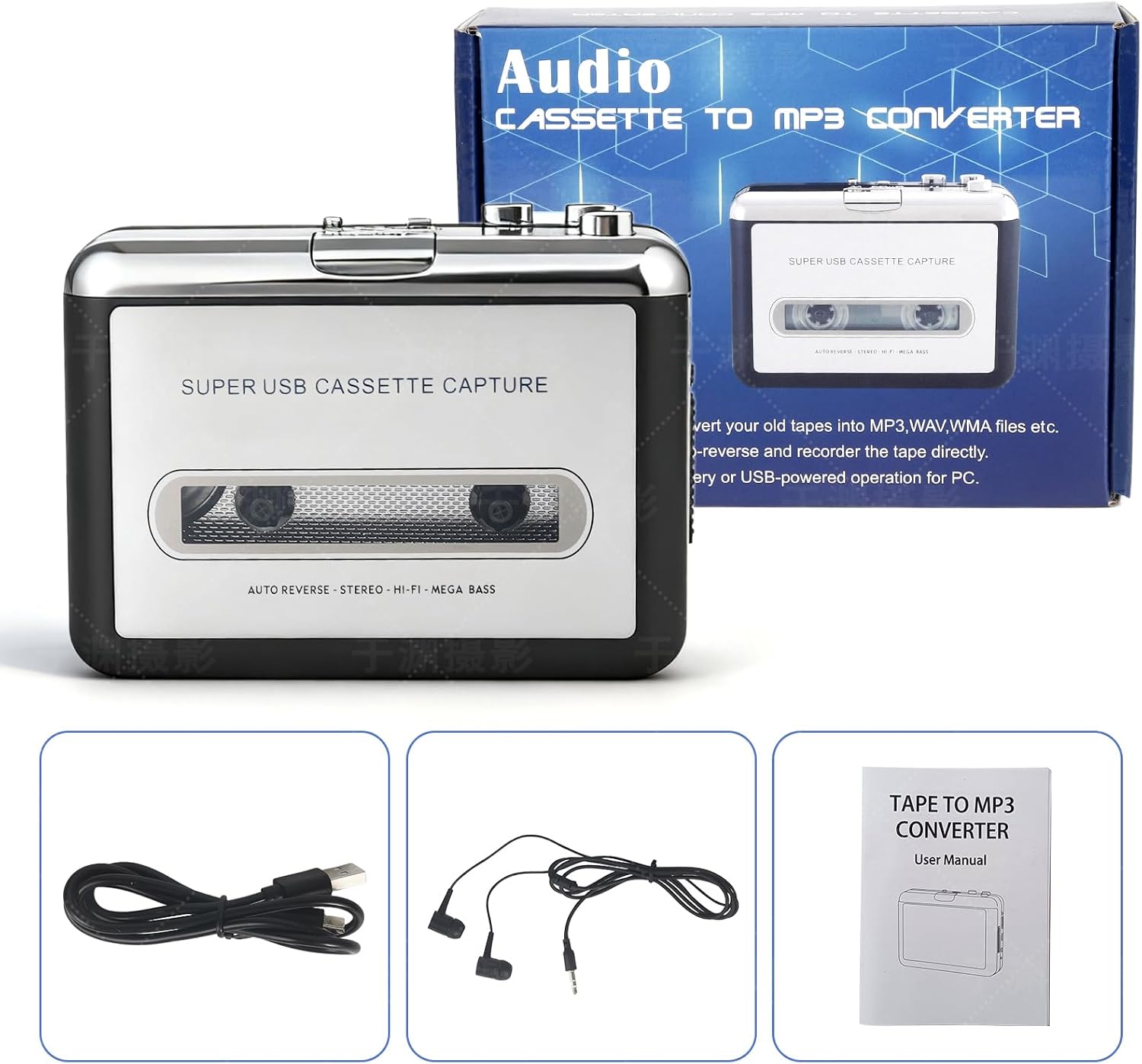 Portable Cassette Tape to MP3 Converter & Player - USB Connection for PC & Laptop, Convert Walkman Tapes to Digital Audio Files with 3.5mm Headphone Jack and Auto-Reverse