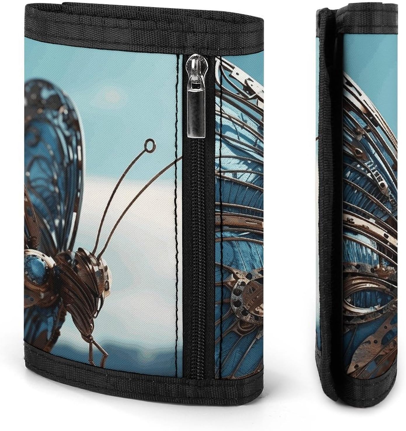 Trifold Canvas Wallet with Keychain, Modern Fashion Credit Card Holder Wallet for Men Women, Butterfly Sculpture Slim Wallets W/Zipper Coin Pocket, Novelty Birthday Gift