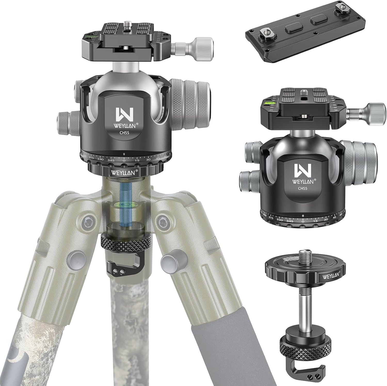 55mm Low Profile Arca Ball Head & Tripod Ball Head Conversion for BOG DeathGrip, WEYLLAN CH55 & BA5 Camera Tripod Head Mount with All Metal Converter Adapter, Mlok Rail Arca Swiss Quick Release Plate