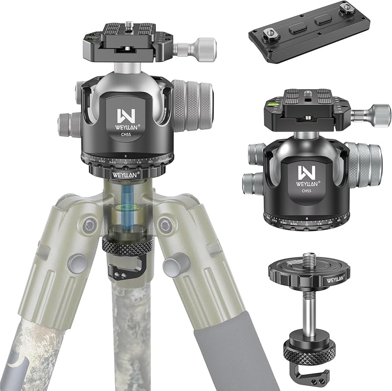55mm Low Profile Arca Ball Head & Tripod Ball Head Conversion for BOG DeathGrip, WEYLLAN CH55 & BA5 Camera Tripod Head Mount with All Metal Converter Adapter, Mlok Rail Arca Swiss Quick Release Plate