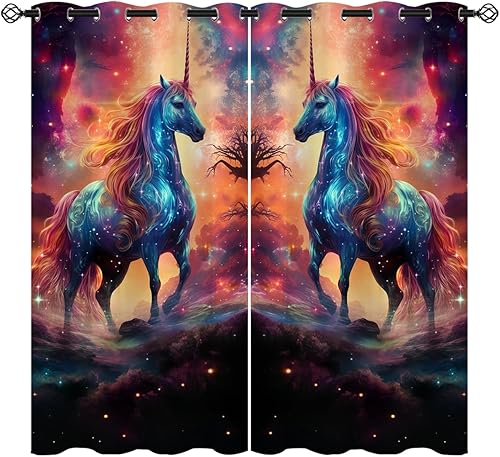 Miniatura 9 de Cortinas opacas de unicornio para niñas y niños, decoración del hogar, lindo arco iris de fantasía de ensueño con ojales, cortinas con aislamiento