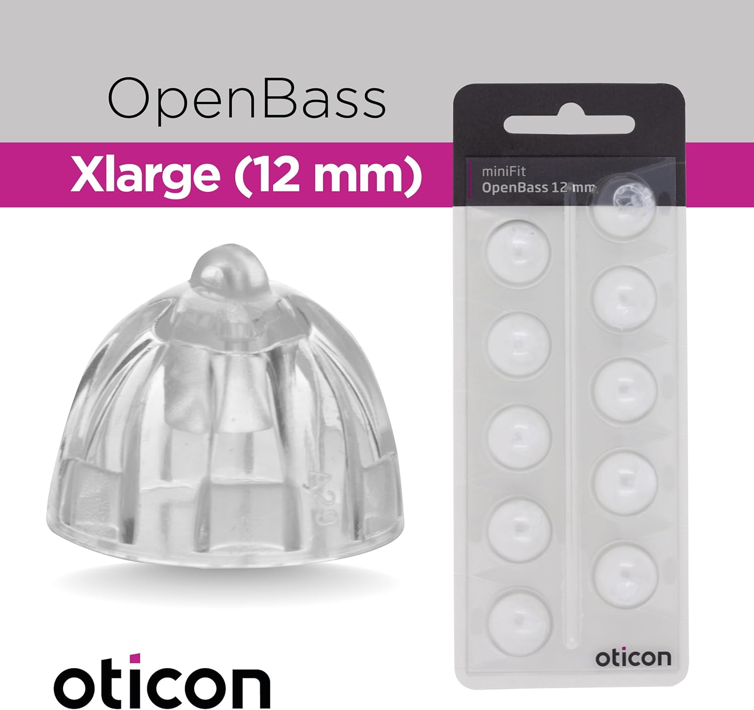 Oticon Minifit OpenBass Xlarge 12mm dome next to packaging