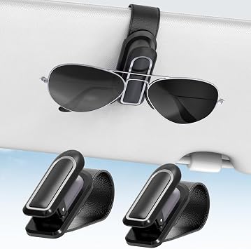 Veharvim Sunglass Holder for Car 2 Pack, One-Handed Operation, Gentle & Secure Hold, Silicone Padded, Universal Fits Sunglass and Car Visor - Sunglasses Clip for Car Visor Black & Silver, 2 Pack