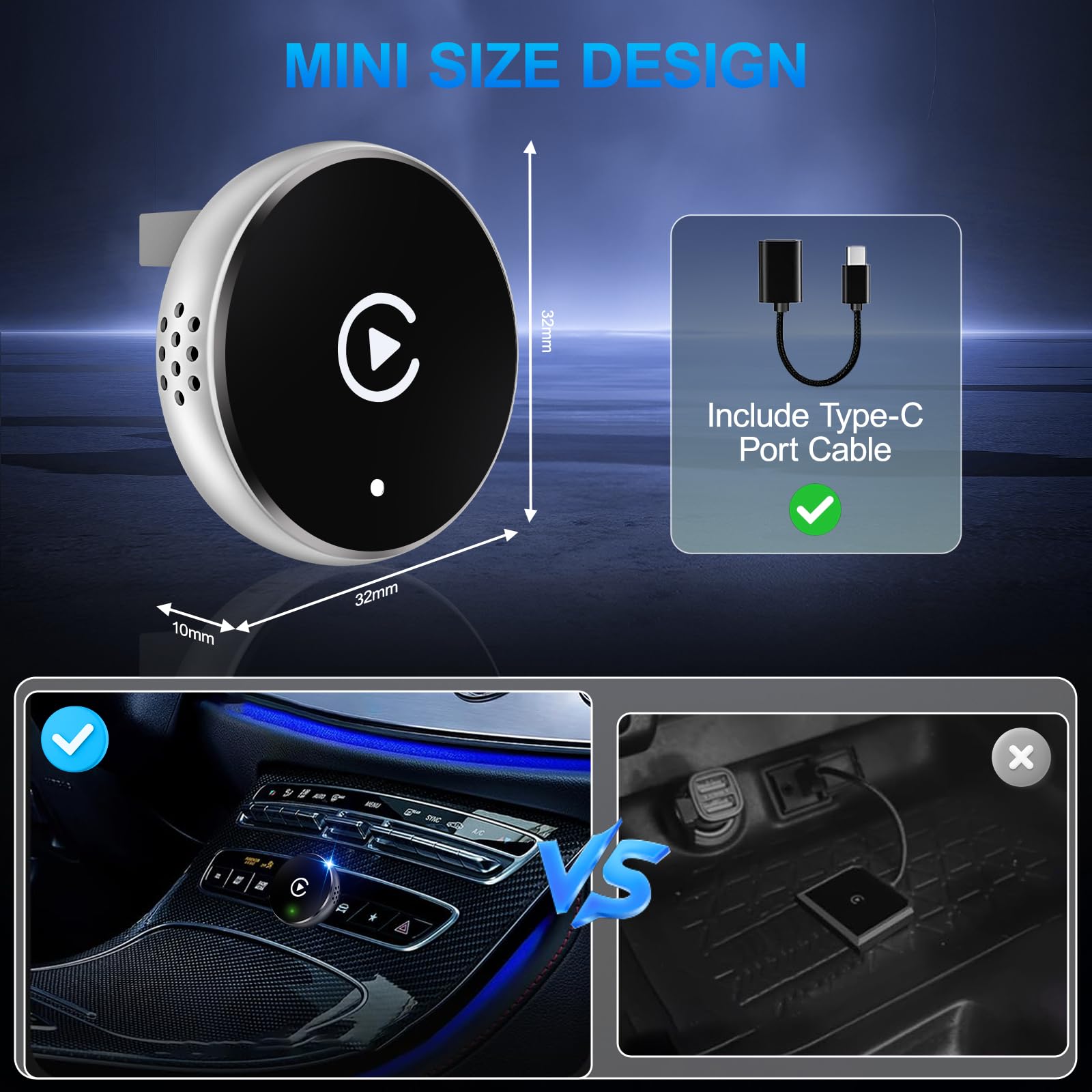 Adaptateur sans fil CarPlay 2 en 1 pour CarPlay & Android Auto, mis à niveau filaire vers Mini Car Play avec rallonge USB de type C, compatible avec Apple iPhone iOS 10+ et véhicules avec Wired