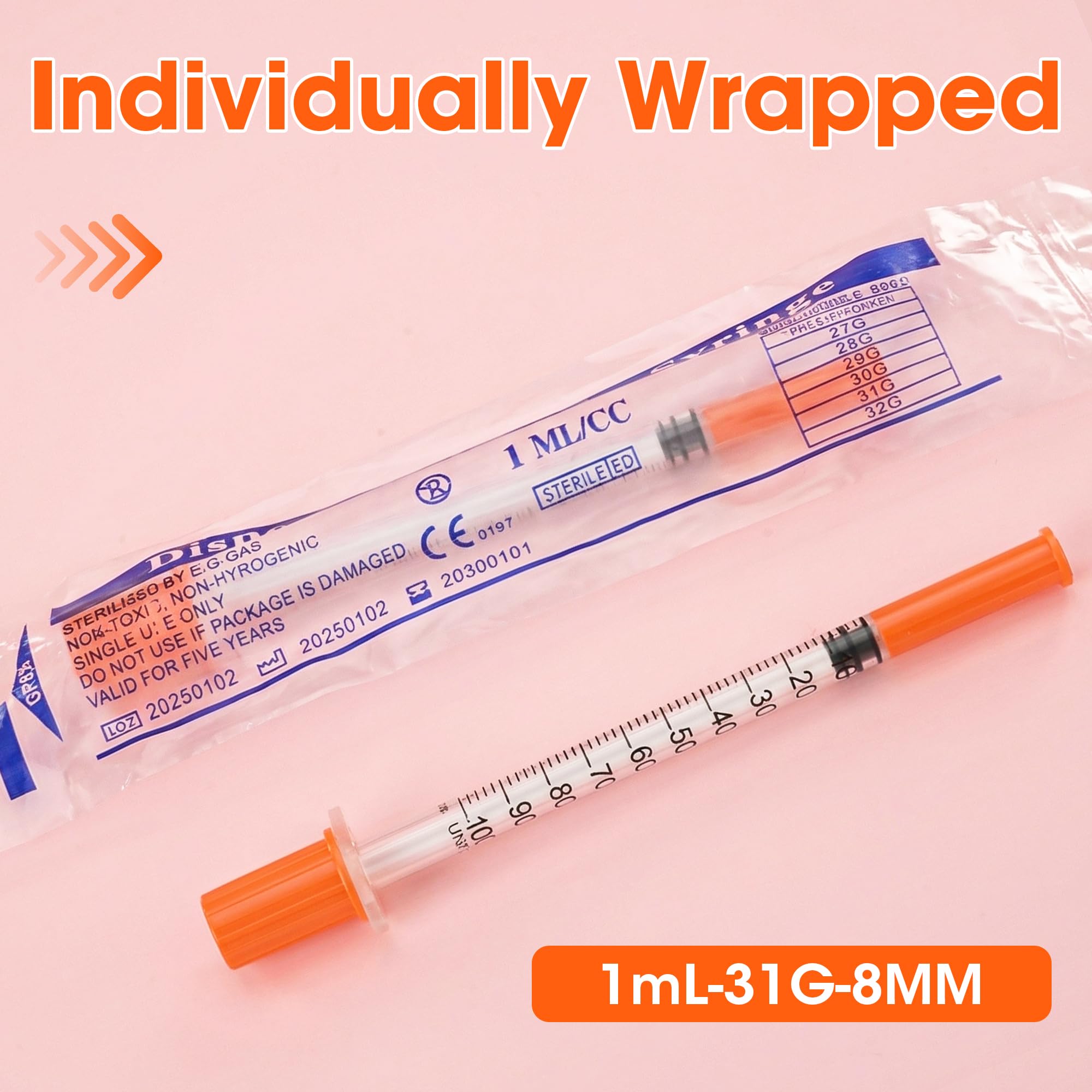 1ml 31G 5/16 Inch (8mm) Syringe, 100 Pack — Amazon image 3