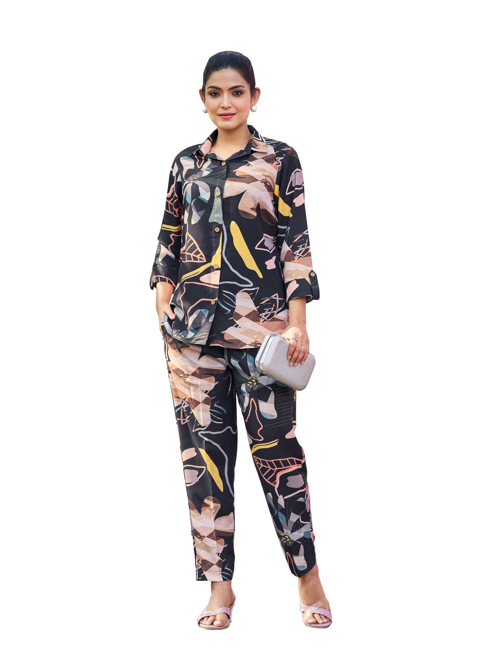 Women's Printed Silk Blend Black Shirt Trousers Co-Ords(VC_5042CO)-image-43