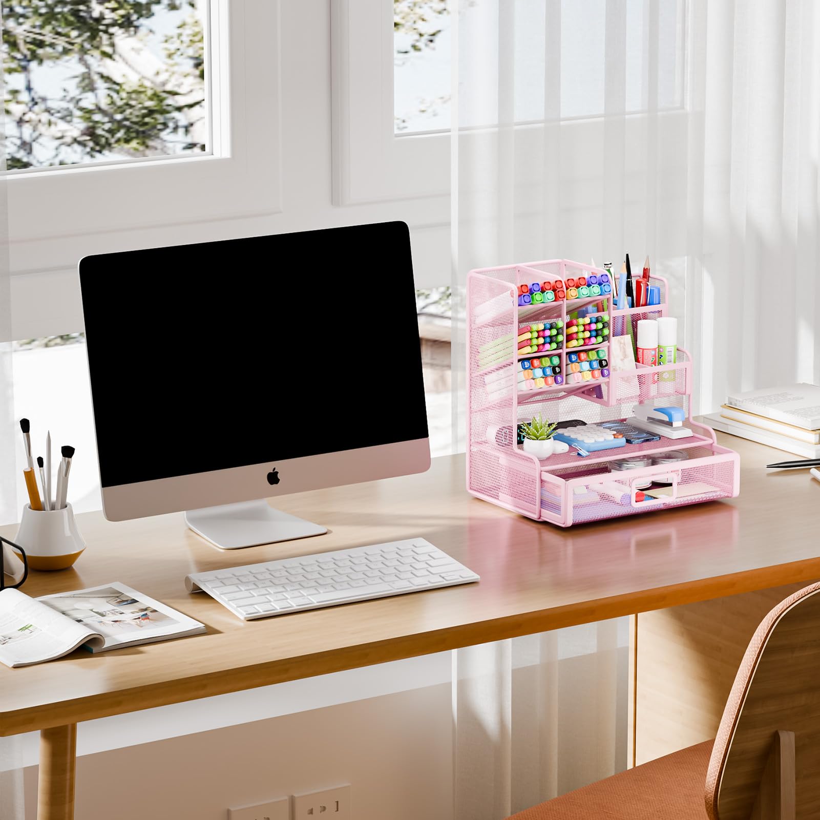 Portapenne da Scrivania, Organizer Scrivania in Rete, Organizer per Cancelleria, Portapenne Multifunzionale con cassetto per casa e ufficio (rosa)
