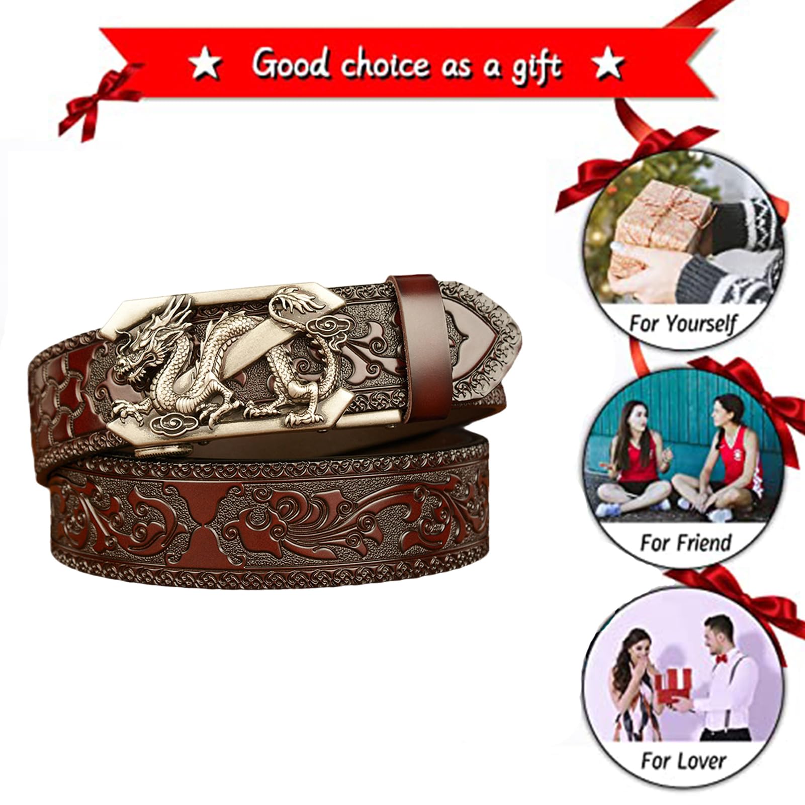Cinturón De Cuero Con Trinquete Deslizante Lobo Plateado Grabado En Relieve Hebilla Automática Ajustable Occidental Clásico 115 Cm Se Adapta A Cinturas 38 "-40" Negro