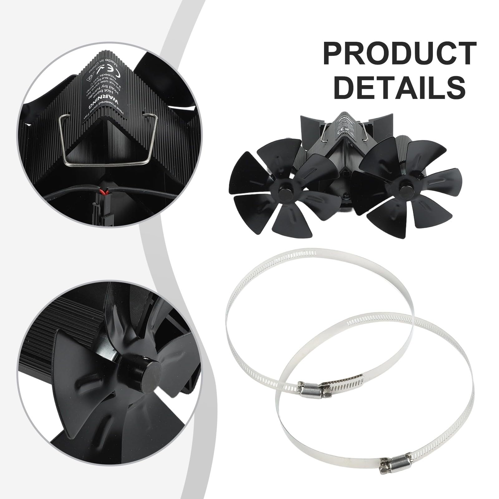 Wandmontierter Doppelkopf-Ofenventilator für Kamine, 12 Flügel, stromloser Wärmeverteiler, leiser Aluminium-Ofenventilator mit verstellbarer Klemme, schwarz