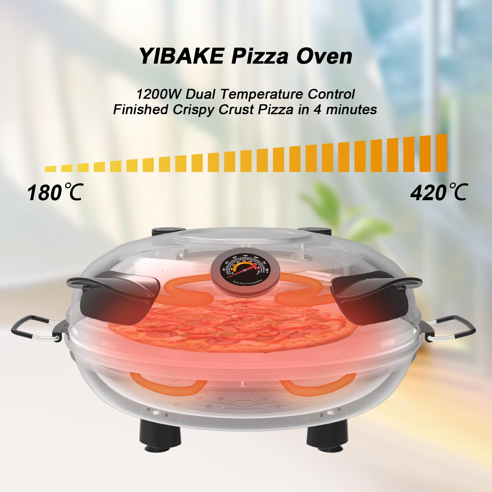 Elektryczny piec do pizzy, ogniotrwały kamień do pizzy, 1200 W, 4 minuty pizzy w ekspresie do pizzy, podwójna regulacja temperatury, ze skórkami do pizzy i skrobakiem, czerwony