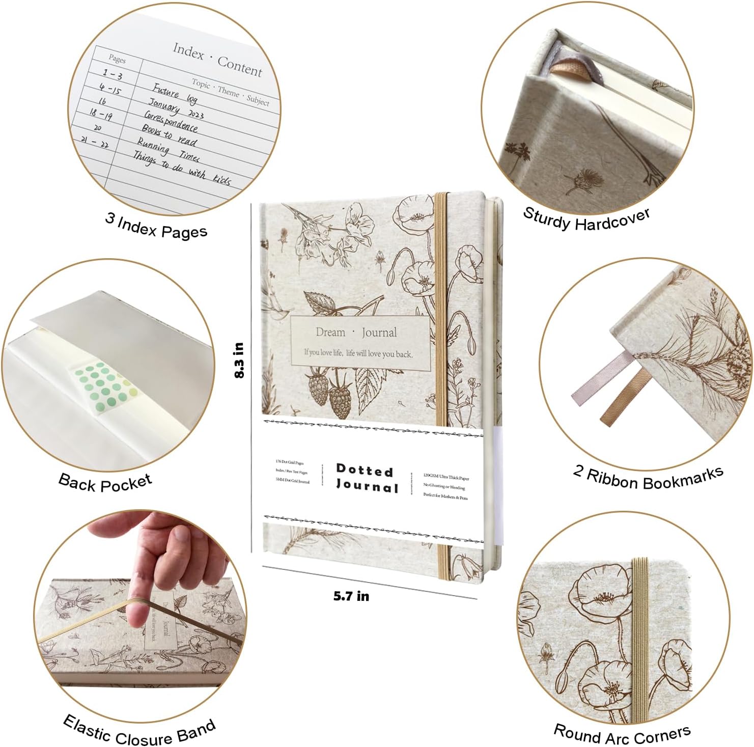 Y&I Bullet Dotted Journal Kit, A5 Hardcover Dotted Journal Notebook with 176 Pages, 120GSM Thick Paper, Stencils Stickers Pens Washi Tapes, Dotted Journaling Kit for Planner Schedule (Vintage Beige)