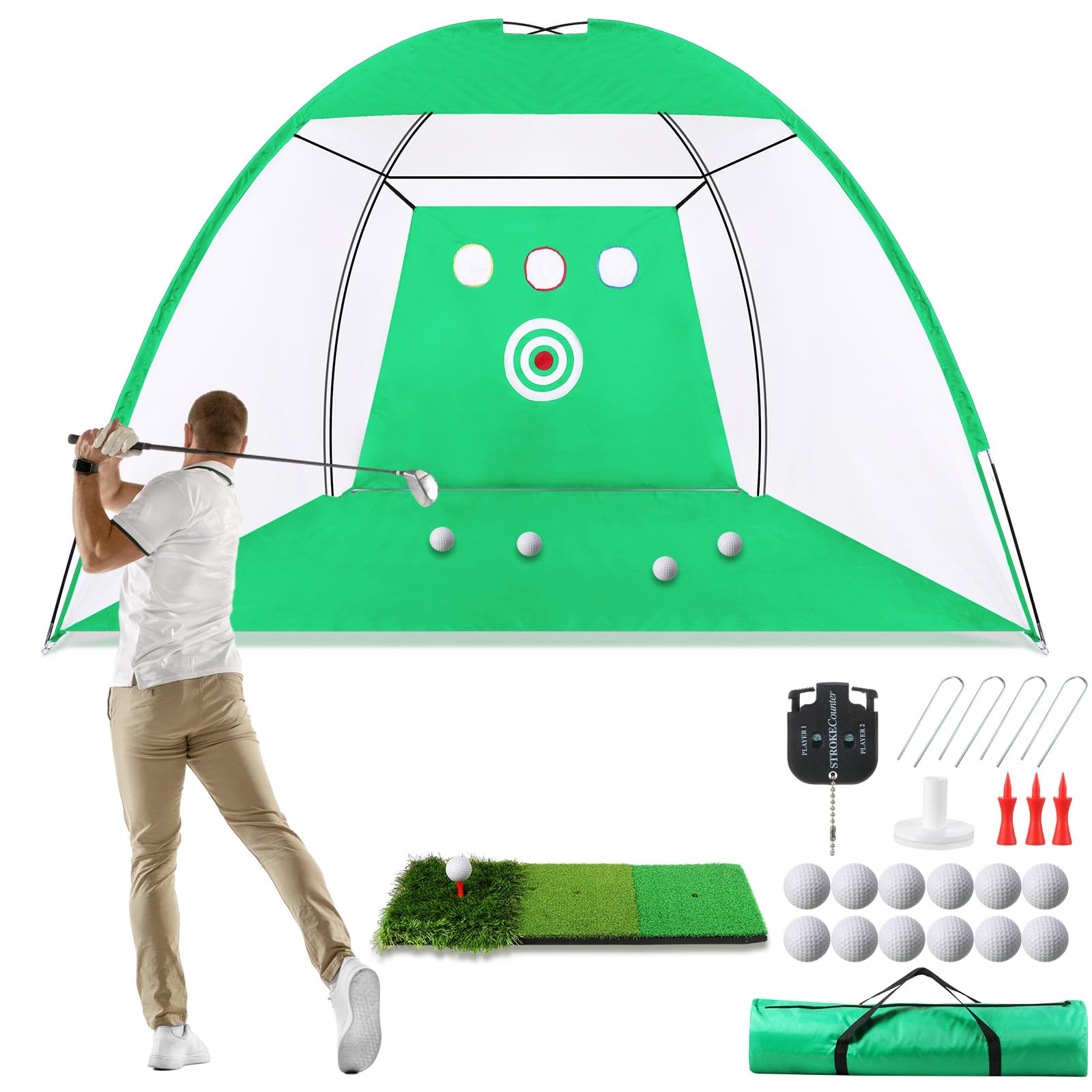Golf Net,10x7ft Golf Practice Net with Tri Turf Golf Mat, All in 1 Home Golf Hitting Aid Net for Backyard Chipping Practice with Target/tee/Ball/Hook/Scorer/mat/Bag, Gift for Men Golf Lover