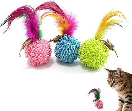 Cat Balls with Feather for Indoor Cats, 3 Packs Interactive Cat Feather Balls with Catnip & Silvervine No Noise Cat Toys for Bored Cats & Kittens