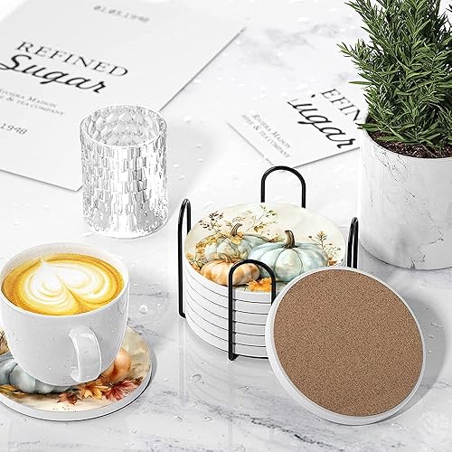 Miniatura 4 de Juego de 6 posavasos para bebidas, diseño de calabazas de acuarela vintage de otoño, tapete redondo absorbente de piedra de cerámica, con base de