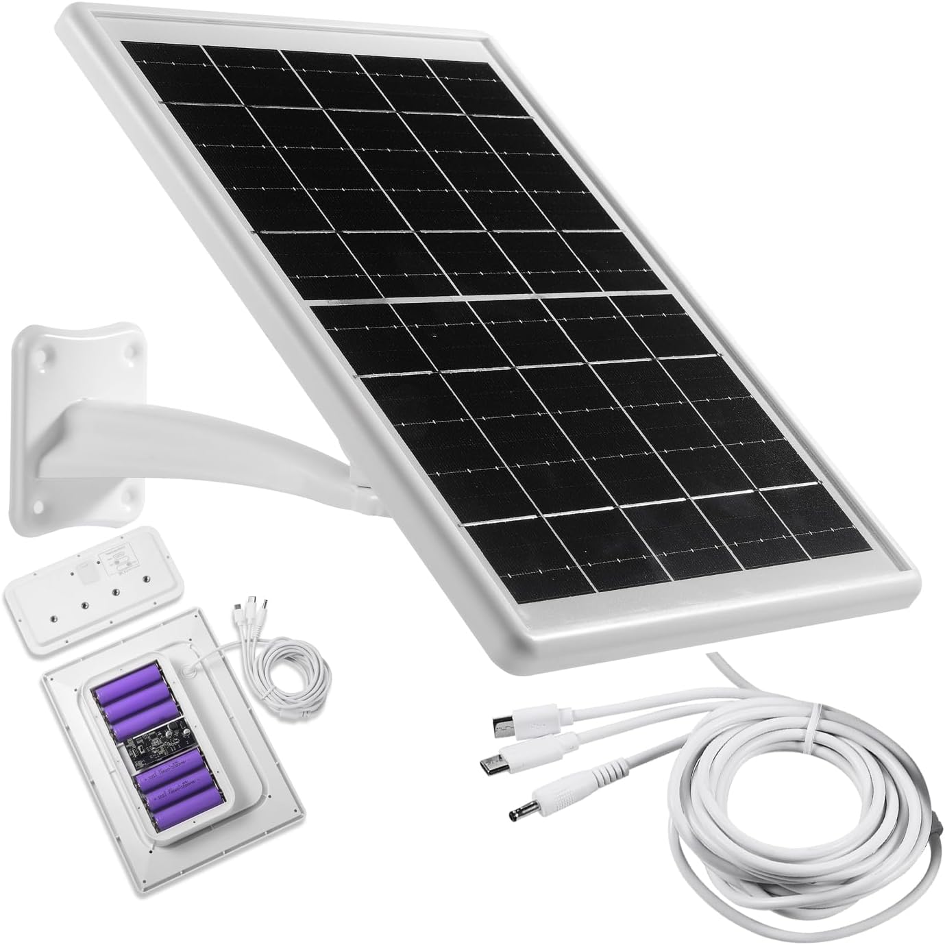 Solar Panel Built-in Battery 12000mAh with Micro USB & Type-C & Port and DC35135 Port for Camera or DC 5V Device with 10ft Charging Cable IP66 Waterproof Rechargeable