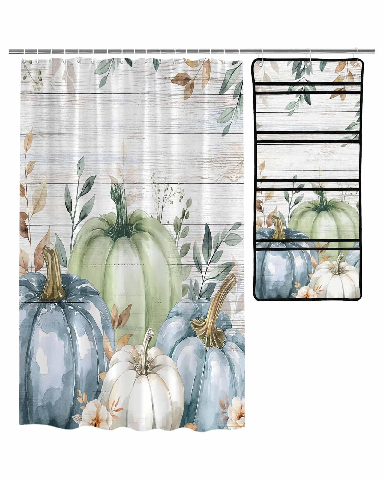 Decorative Shower Curtain Sets Fall Fabric Shower Curtains Thanksgiving Oil Painting Pumpkin Leaf Flowers Wood Grain Grey Mesh
