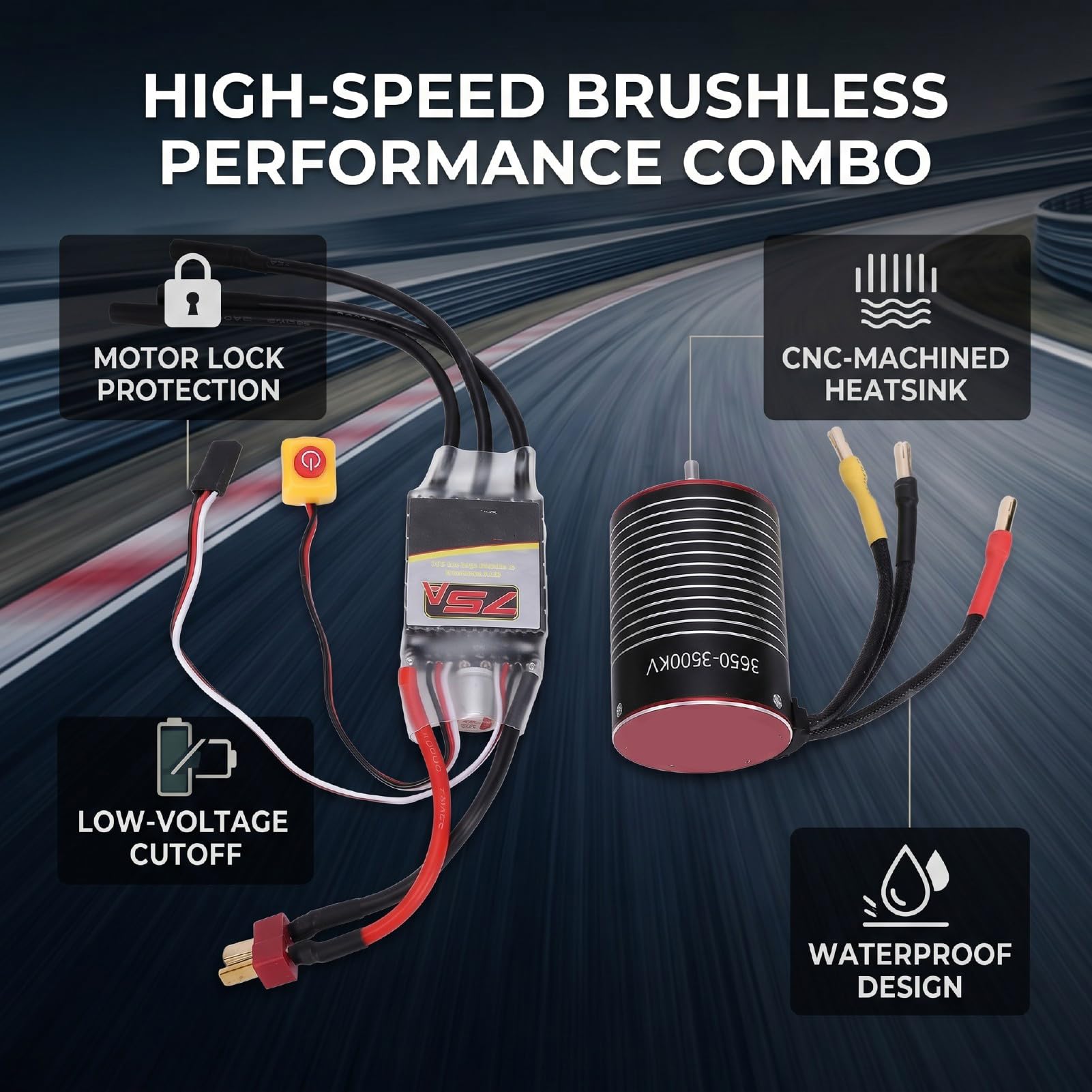 SIXRUN RC-Brushless-Motor-ESC-Combo, CNC-Aluminium-Kühlkörper-Brushless-Motor-ESC-Set, 3600KV 75A für 1/10 RC-Autos und Boote, 2 Bis 3S-Eingang, Überhitzungs- und Überlastschutz