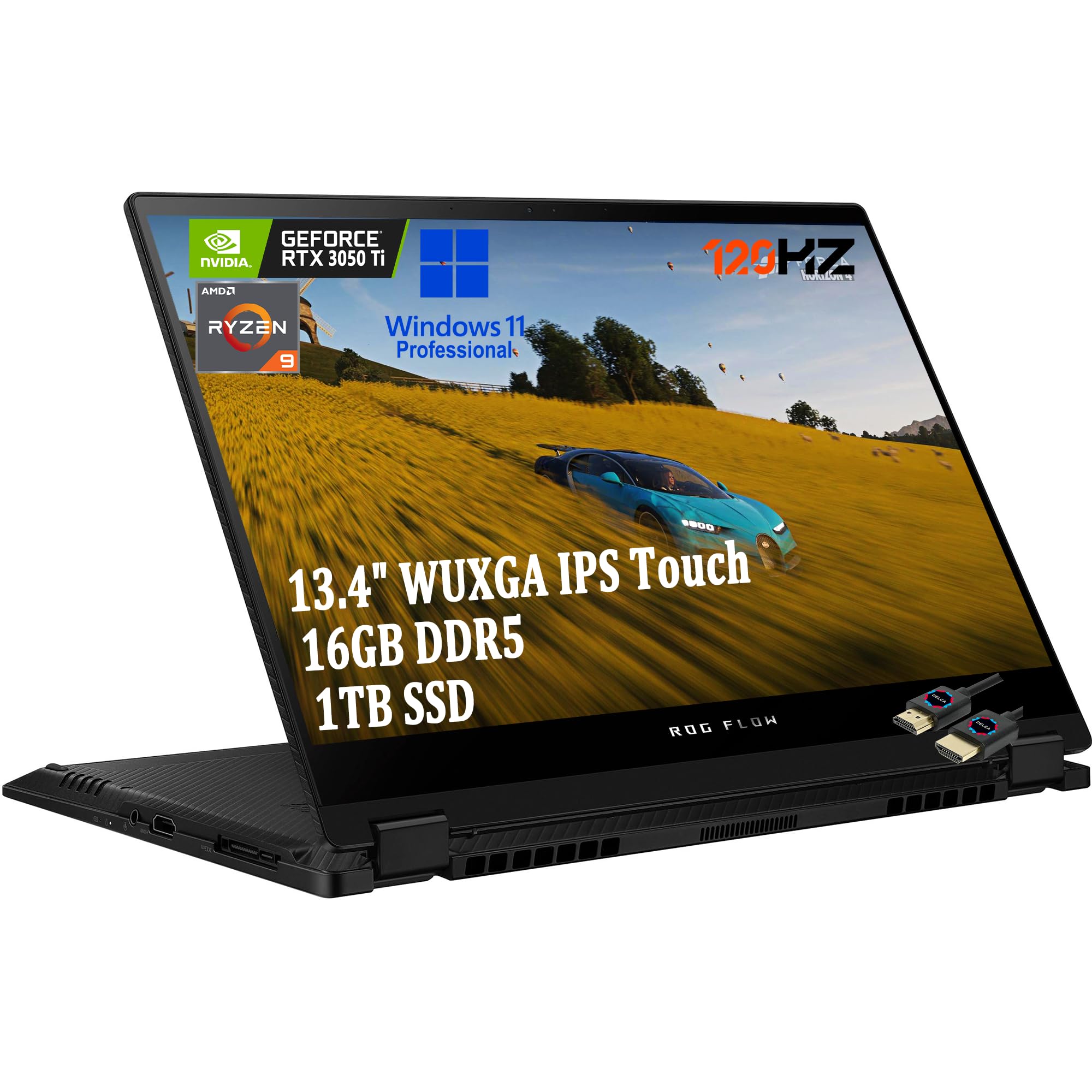 ASUS ROG Flow X13 Gaming 2-in-1 Laptop | 13.4"" WUXGA 120Hz 500nits IPS Touchscreen | AMD 8-Core Ryzen 9 6900HS | 16GB DDR5 1TB SSD | GeForce RTX 3050 Ti 4GB | Backlit Win11 Pro + HDMI Cable, Black