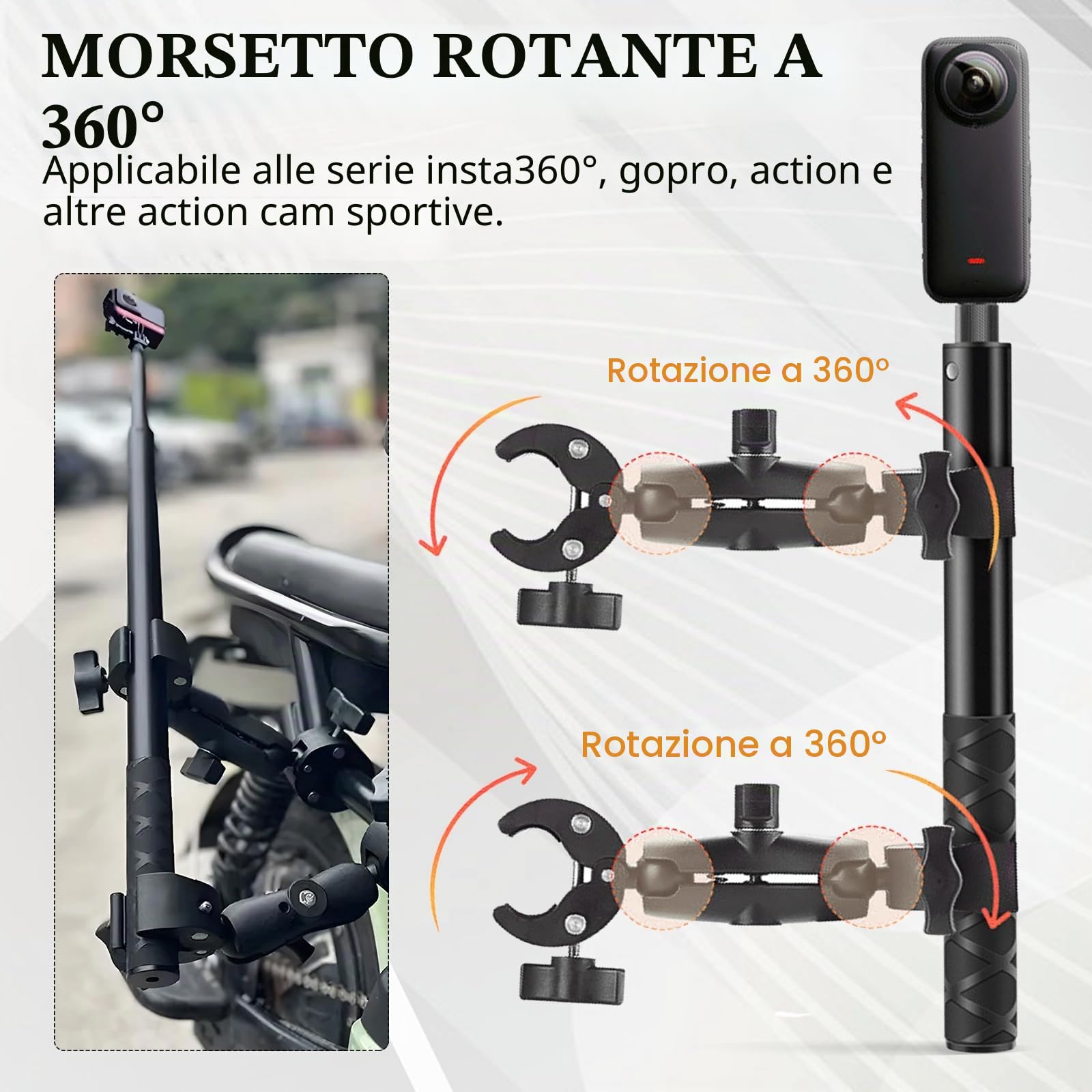 Supporto Moto per Insta360 x4 Videocamera, Accessori per Insta360 X4, per Insta 360 x3 Kit Moto Rotazione a 360 Gradi Supporto per Moto a Doppia Pinza per Insta 360 X3/ X2/ One RS/Ace Pro