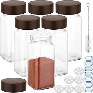 Segarty 4oz Spice Organizer Jar with Wood Lids, 6 Pack 120ml Empty Square Spices Condiments Shakers, Clear Glass Seasoning Containers Cereal Storage Set, Small Spice Bottle with 7 Stickers, 1 Brush