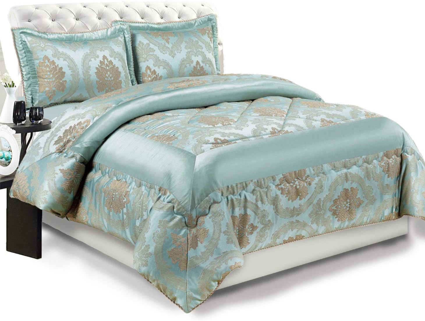 MOONLIGHT20015 Bedspread Quilted Throw Bedding Set Jacquard 3 PC Bedspreads | Comforter Throw Quilted Bedspread Coverlet (Betty Duck Egg Blue/Nutmeg, King (240x260 CM)