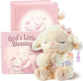 Baptism Gifts for Girl, Catholic Christening, Baby Dedication & Baptismal Gift Set for Baby Girls & Kids - with 9" Musical Praying Lamb Plush Toy & God's Little Blessing Book in Keepsake Box