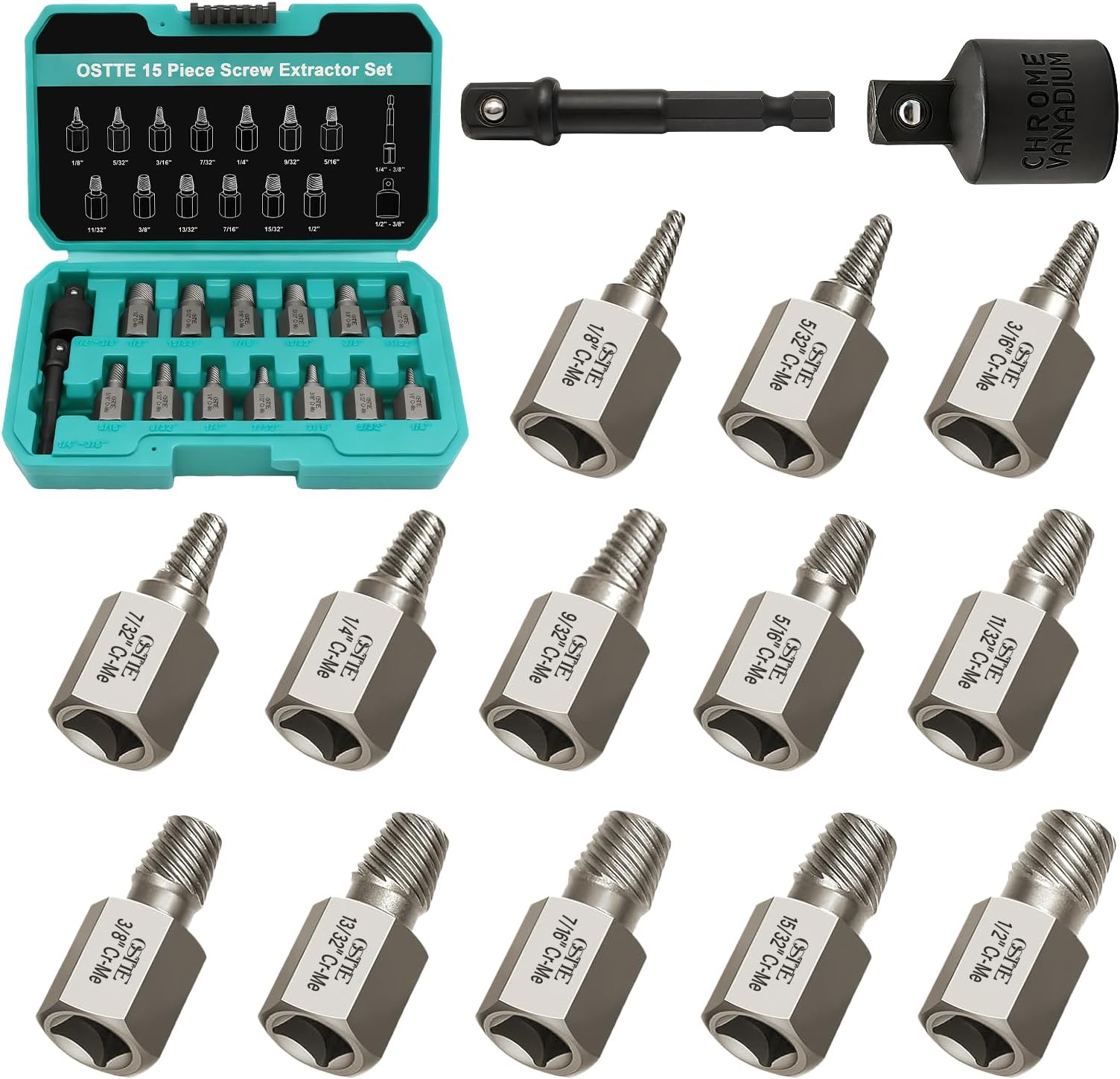 15 Pieces Screw Extractor Set, Easy Out Bolt Extractor Kit, 3/8" Hex Drive Multi-Spline Remover Tool for Stripped, Broken, Rusted, Rounded Bolts, Screws(Cr-Mo Steel)