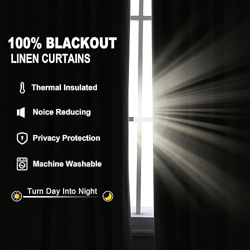 Miniatura 2 de Ivory Linen Blackout Curtains 102 Length 2 Panels Set for Living Room Bedroom, 100% Black Out Thermal Insulated Linen Drapes, Room Darkening Grommet