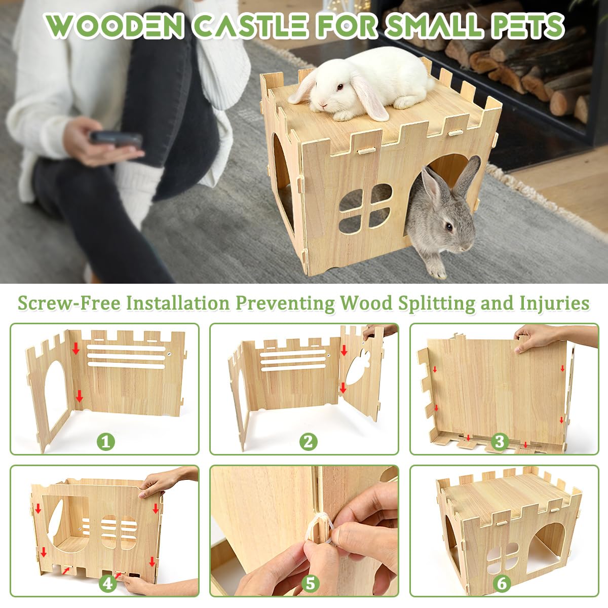 Kaninchenhaus Holzhaus Kaninchen Spielzeug 40x30x30cm Nagerhaus für Kanninchen Versteck aus Holzkaninchen Hasenhaus mit Flachdach und Belüftungslöchern Abschließbares Spielhaus Meerschweinchen