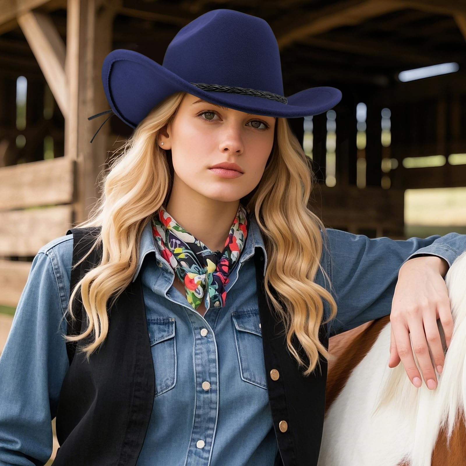DRESHOW Sombrero de Vaquero para Mujers y Hombres Sombrero de Vaquera Western Clásico con Cinturón de Hebilla Sombrero de Enrollado de ala Ancha Grande Moldeable Fieltro Fedora para Unisex
