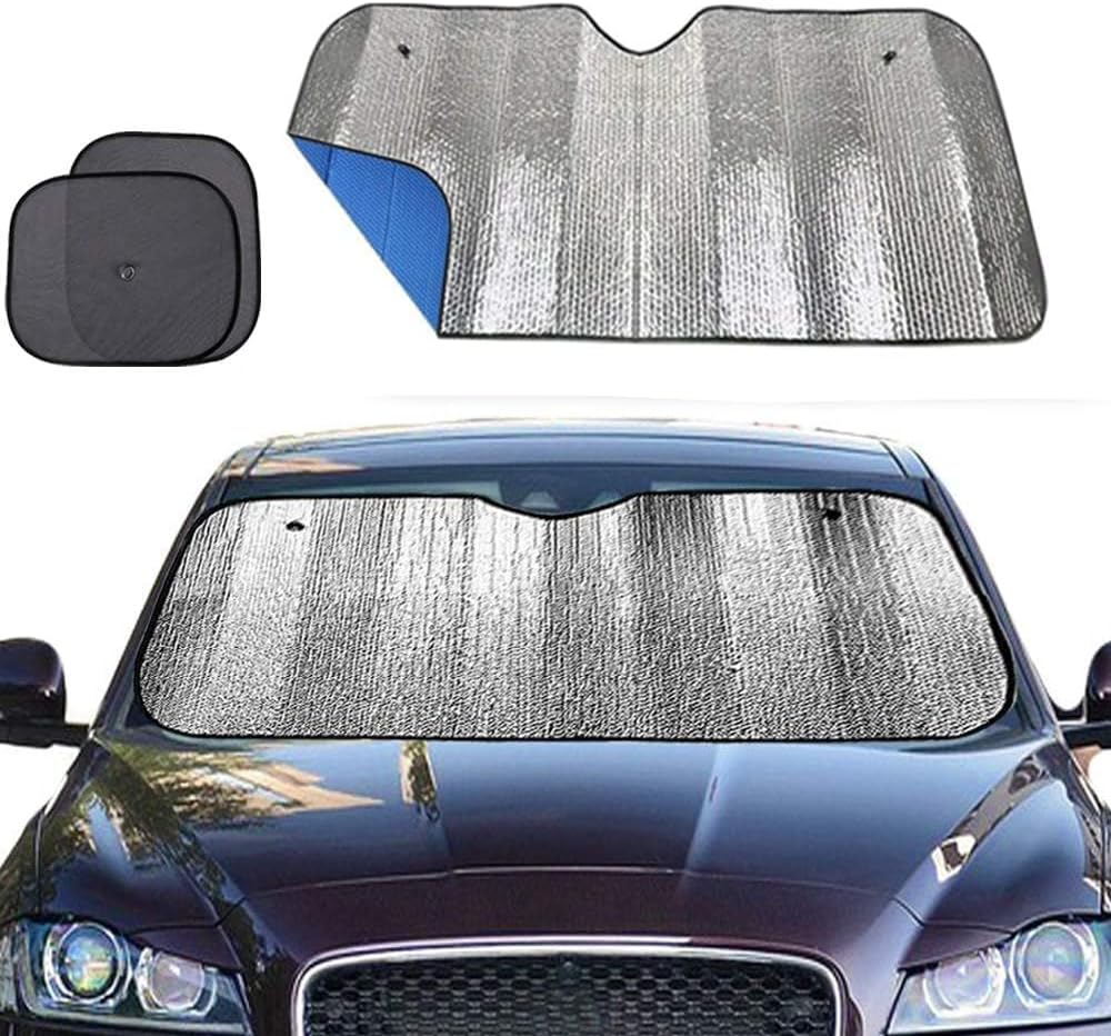 Big Hippo Windshield Sun Shade,Car Sun Shade Side Window as Bonus,Car Sunshade Windshield,Reflect Sunlight Heat and UV Rays, Protect Interior,Keep Vehicle Cool,Silver/Blue(55.16X 27.5inches)