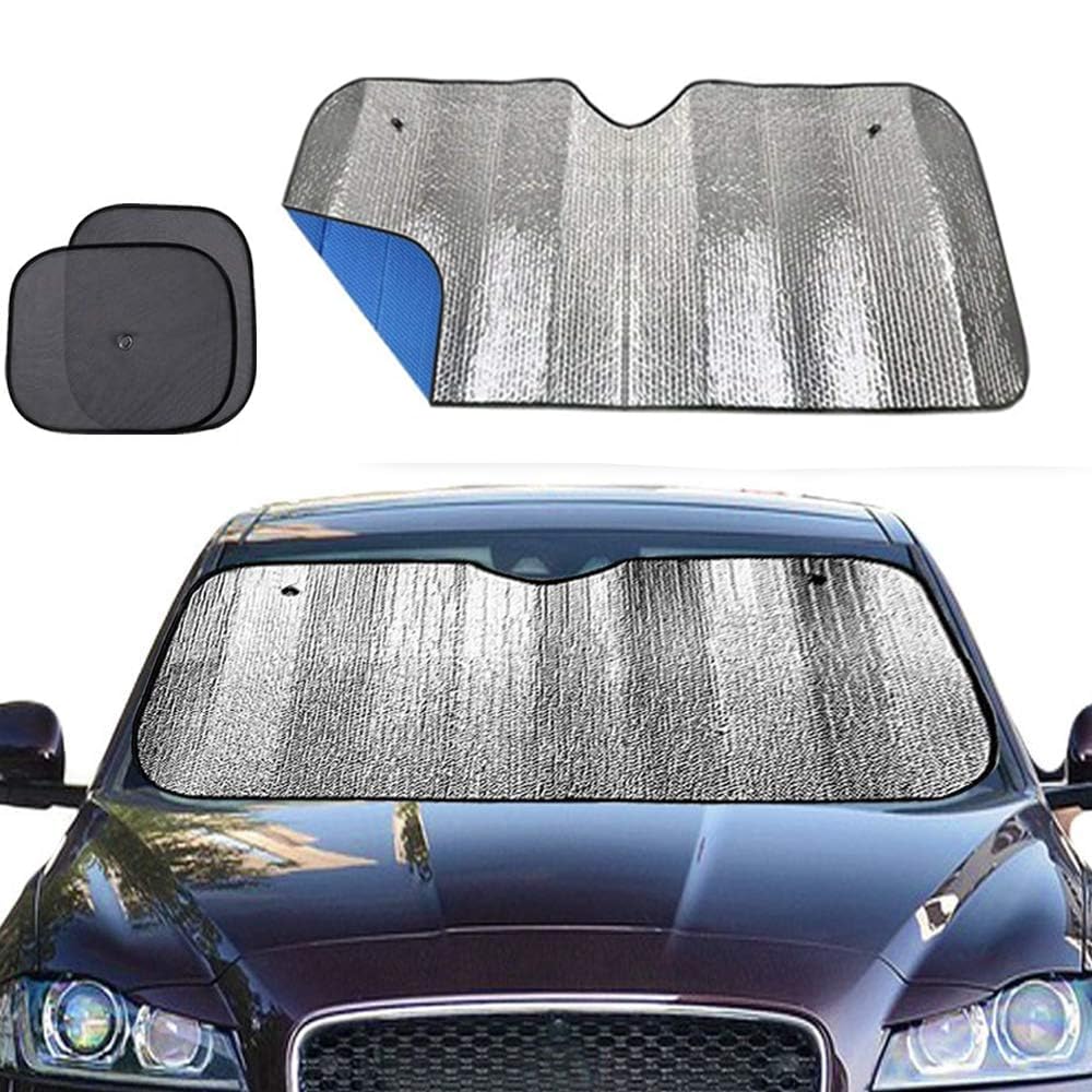 Big Hippo Windshield Sun Shade, Car Window Shade as Bonus Keep Vehicle Cool Windshield Sunshade Protect Your Car from Sun Heat & Glare Best UV Ray Visor Protector -Silver/Blue (Size: 55.16"X 27.5")