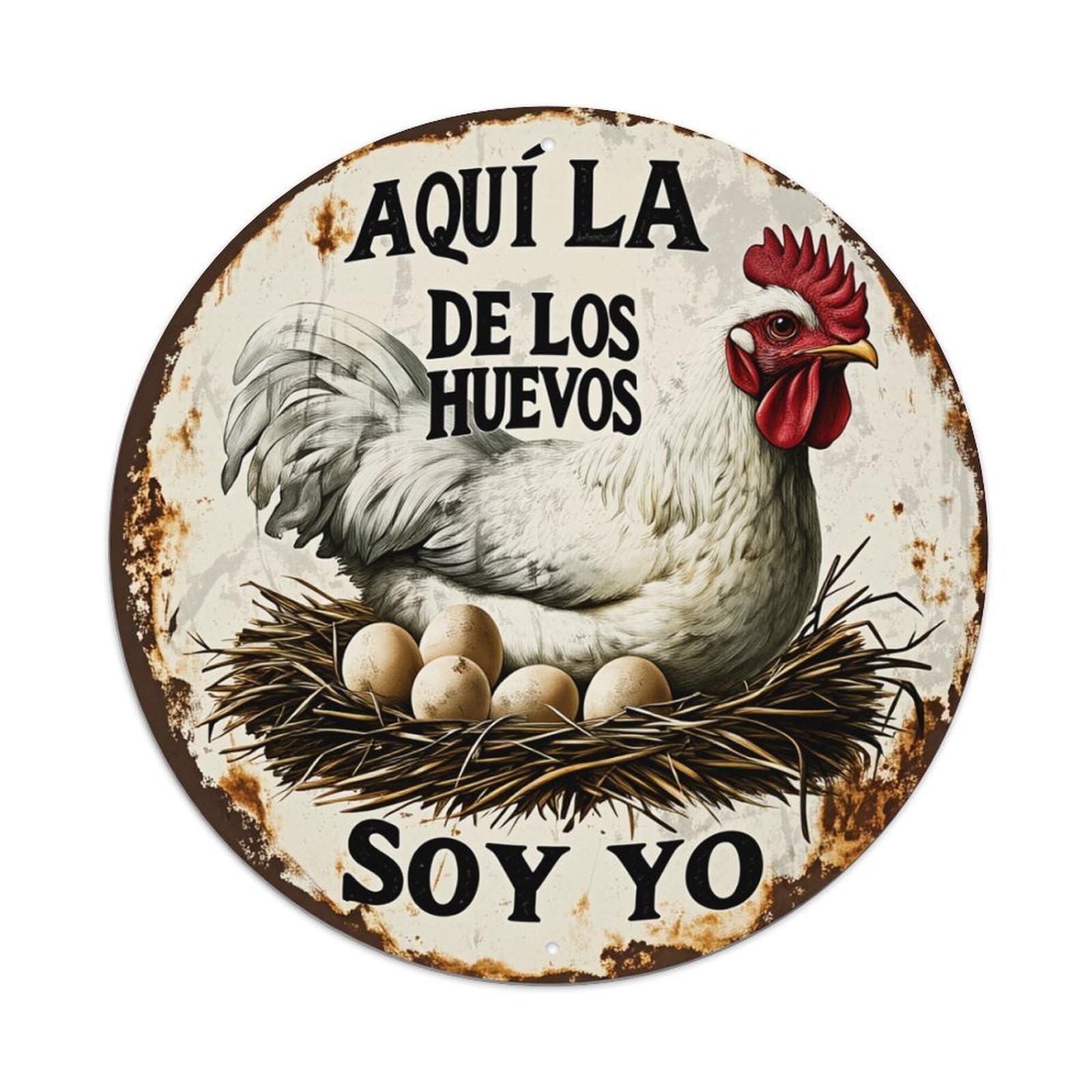Chicken Nest Eggs Rooster Text Round Tin Sign Retro Metal Sign for Cafe Bar Pub Home Game Room Gym Club Wall Decoration Vintage Metal Poster 8x8 Inch