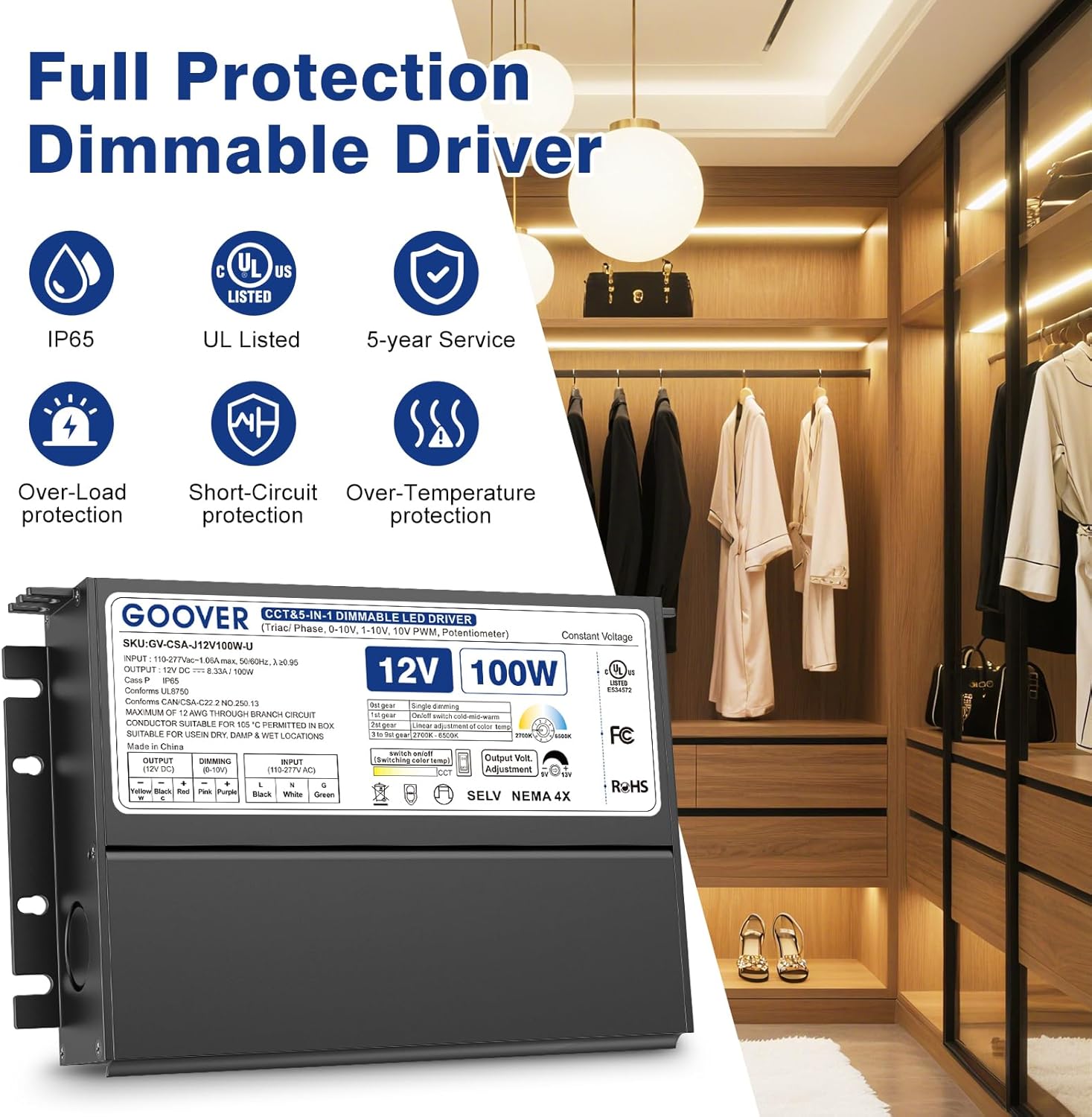 GOOVER Dimmable LED Driver,12V 100W UL Listed Power Supply,CCT & 5-in-1 Dimming: ELV/MLV/TRIAC /0-10V/1-10V/10V PWM/Potentiometer,Compatible with Lutron and Leviton Dimmer for LED Lights