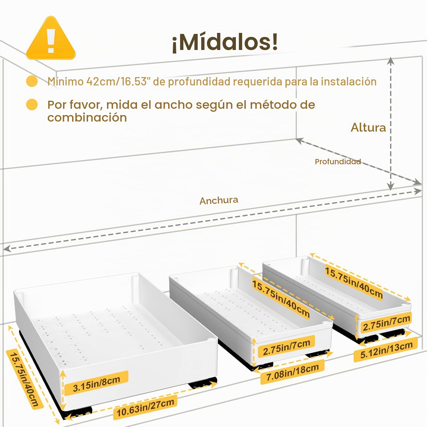 Organizador de gabinete de cocina extraíble, material ABS que evita el óxido, sin perforaciones para armario, organizador de gabinete de baño, despensa, cajones deslizantes, almacenamiento de