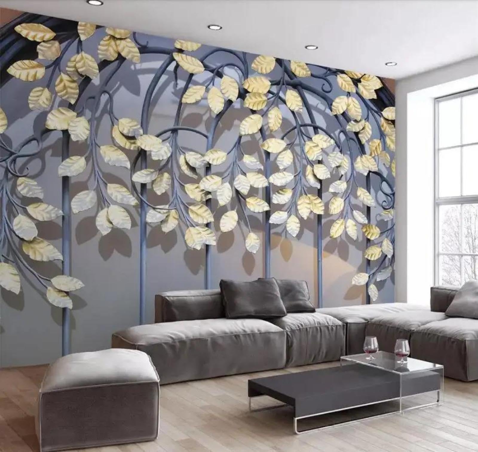 Papier peint mural 3d feuilles végétales ILIYA tissu non tissé salon