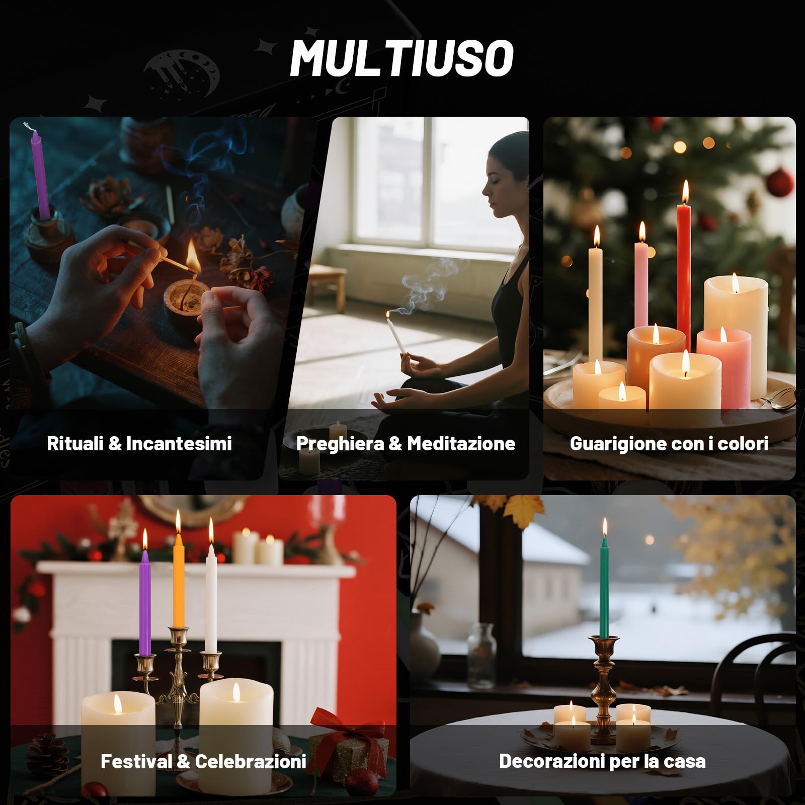 Set di 48 candele magiche con 4 portacandele in selenite su misura – candele colorate per stregoneria, rituali, meditazione, altare – Stabilità garantita, combustione sicura