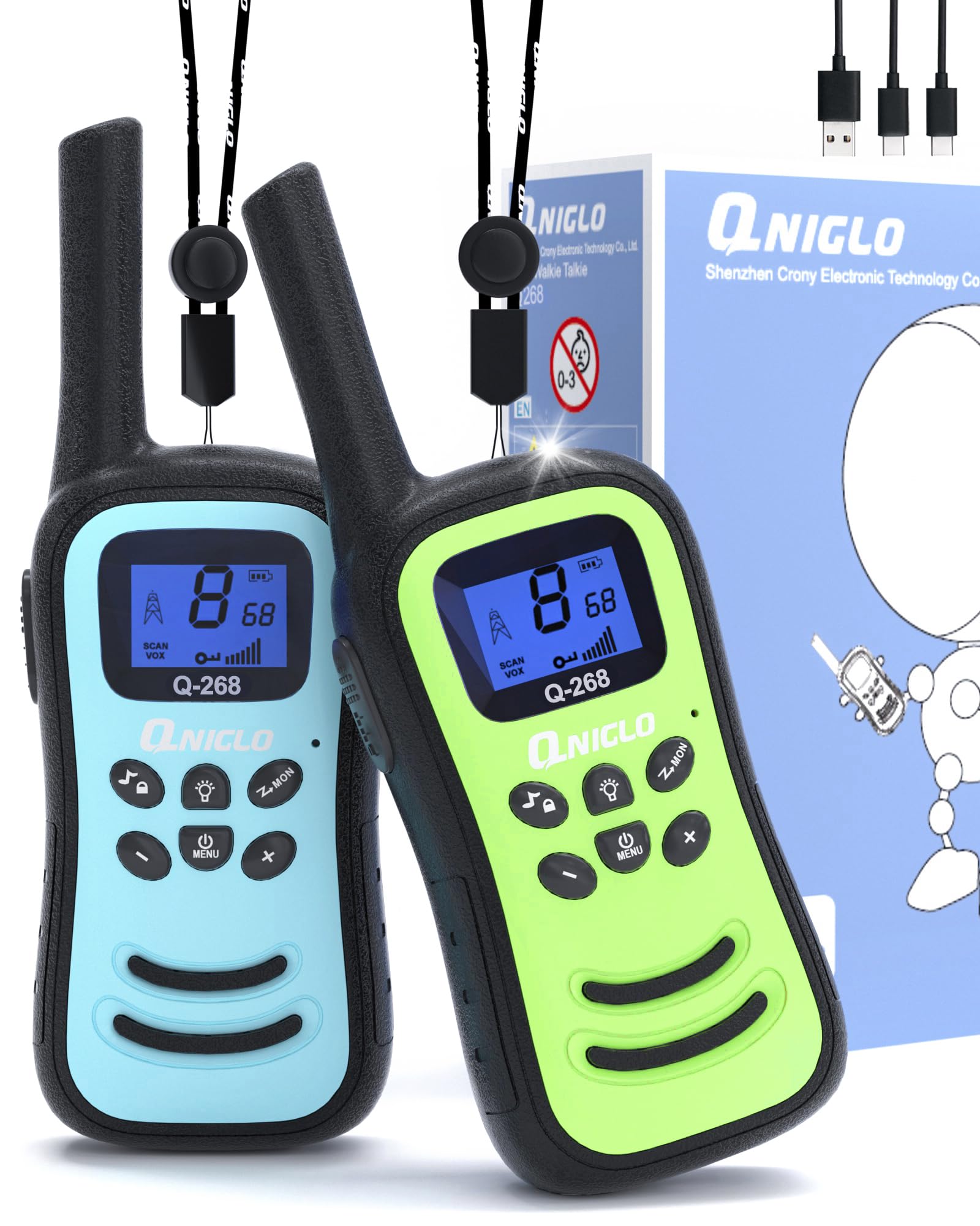 – QNIGLO Walkie Talkies for Aged 3-12 Kids, Rechargeable Long Range Walkie Talkie 8 Channels 2 Way Radio with LED Flashlight, Gifts Toy for Boys Girls Outdoor Adventures, Camping, Hiking(BlueGreen)