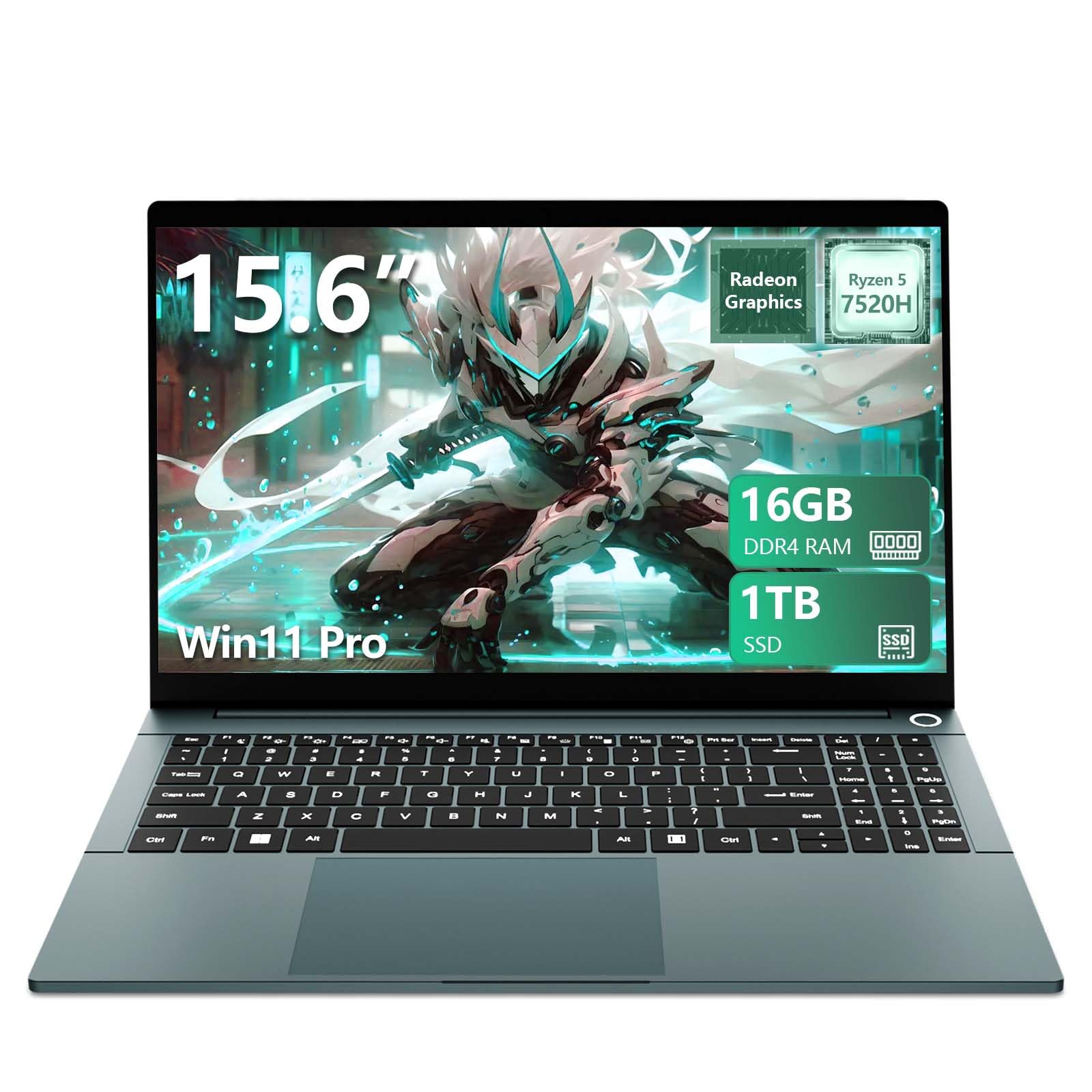 Ordenador Portáti AND Ryzen5 7520H, 15.6 Pulgadas PC Portatil 16GB RAM 1TB SSD, Laptop Gráficos Radeon, Desbloqueo Huellas Dactilares/Teclado Retroiluminado, Tipo-C+USB 3.0+Mini-HDMI+5000mAh Battery