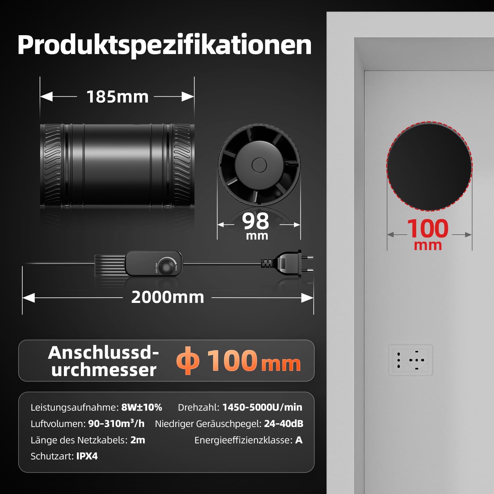 Rohrlüfter 100mm Regelbar, Rohrlüfter 8 W, 310 m³/h, Überhitzungsschutz Ventilator, Kanalventilator, Inline Abluftventilator für Grow-Zelte, Gewächshaus, Badzimmer, Keller, Garage, Küche