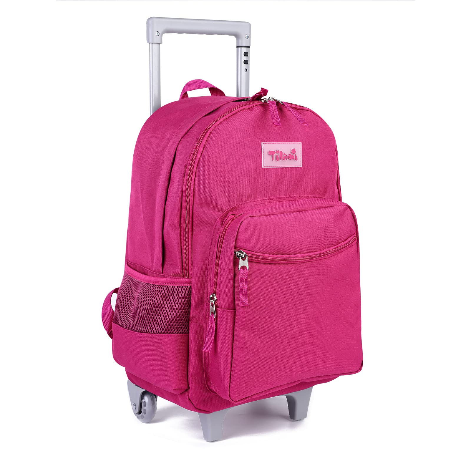 Tilami Rolling Backpack 18 inch Double Handle Wheeled Boys Girls Travel School Children Luggage Toddler Trip, Deep Pink