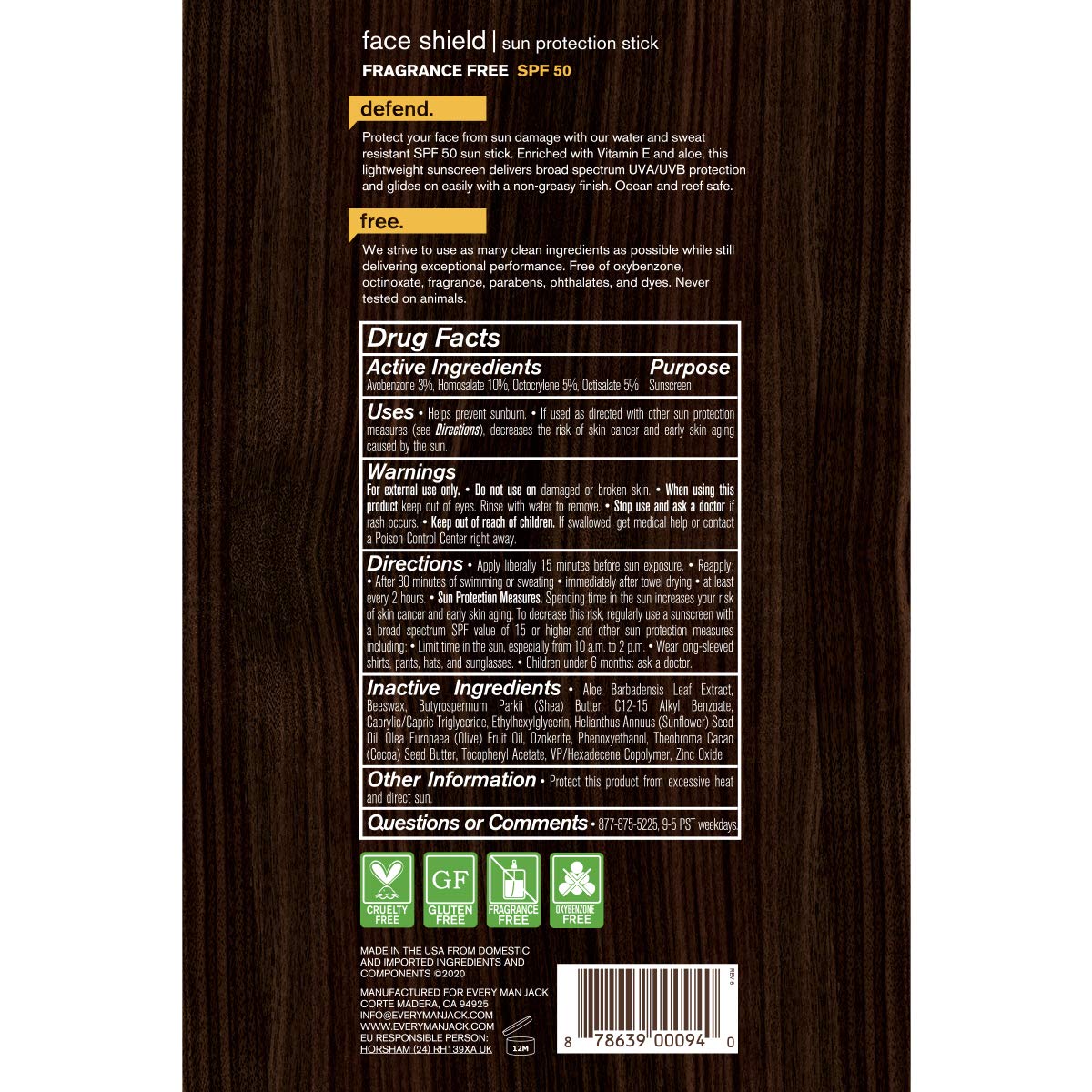 Every Man Jack SPF 50 Face Shield, Sun Stick, 1.5-ounce