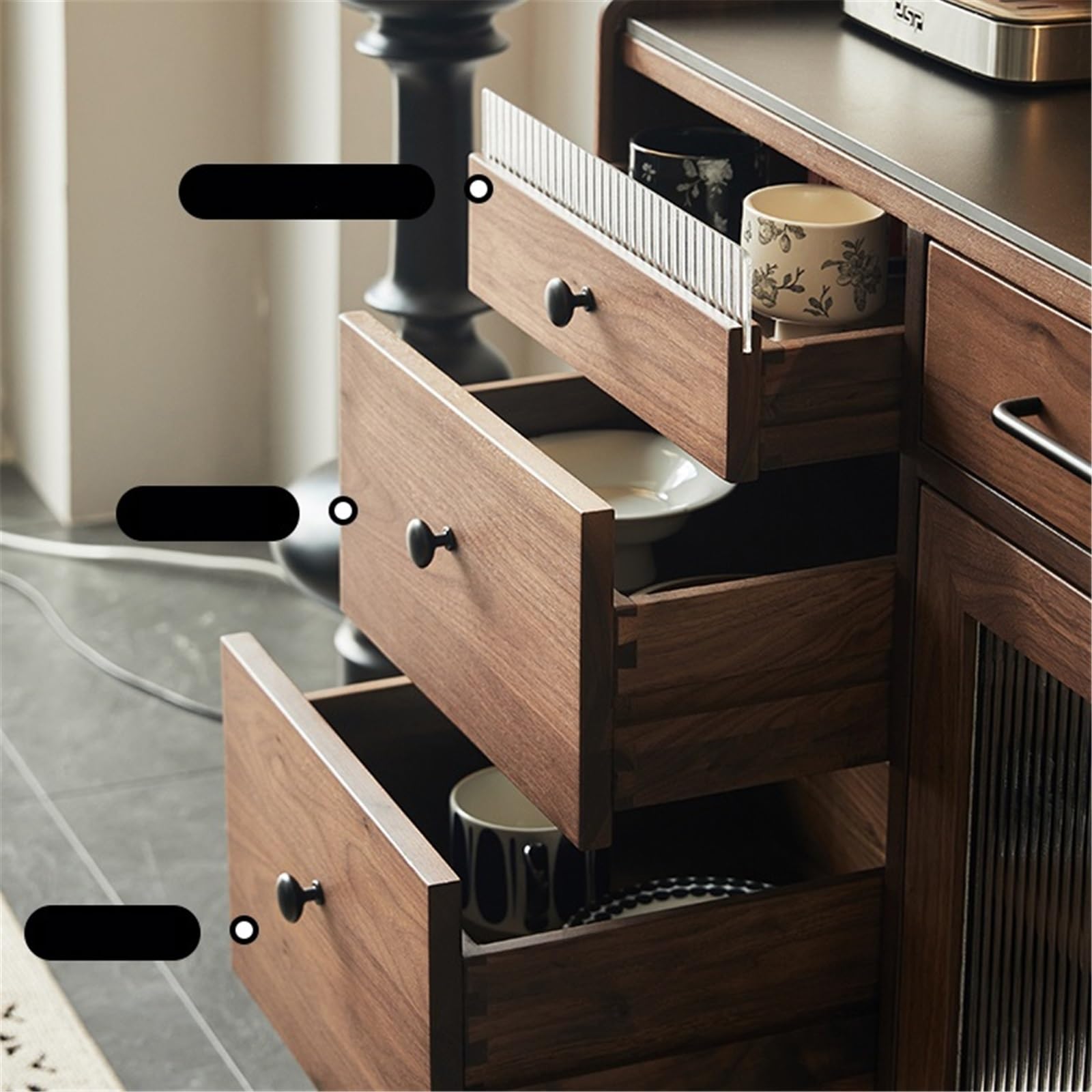 Cassettiera in legno per tè/caffè con piano di lavoro in pietra